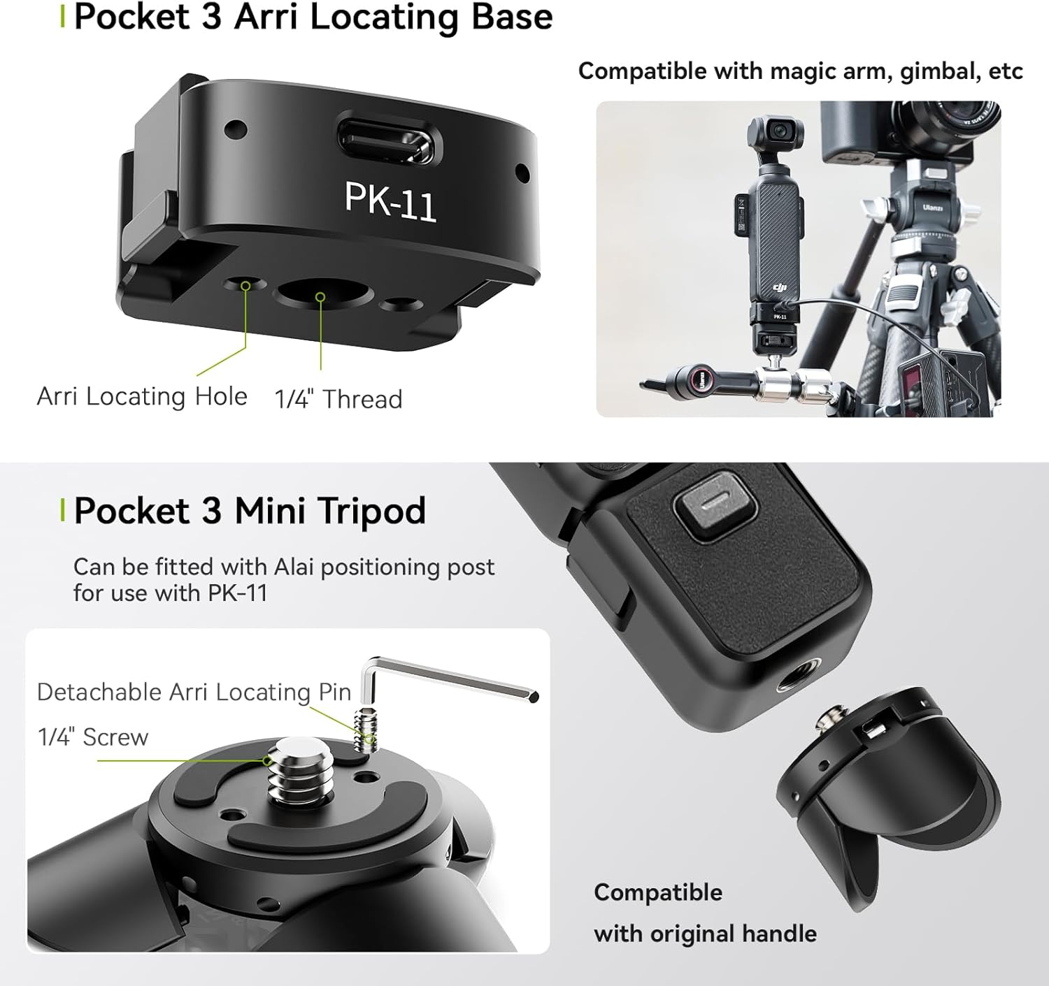 PK-11 base with 1/4 inch thread and Arri locating hole, showing compatibility with various accessories