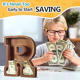 Summidate Customized Name Extra Large Wooden Piggy Bank for Kids Boys Girls Alphabets Letter A-Z Coins Bills Money Change Saving Box Clear Cover (Laser Engraved) Educational Toys 12- Letter R
