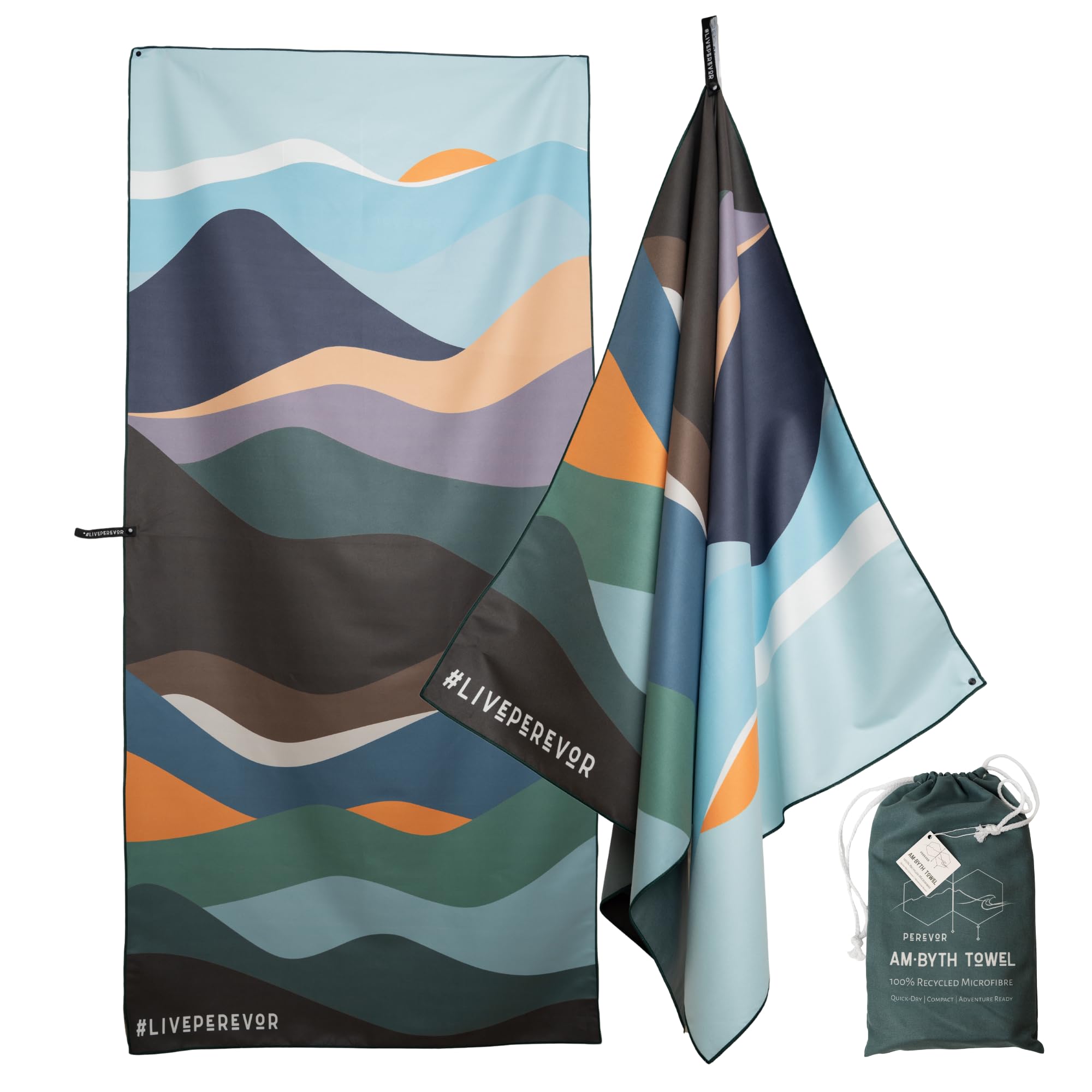 Perevor Am·Byth Quick-Dry Microfibre Towel – Lightweight, Compact Travel, Beach, Gym & Camping Towel – Fast Drying & Super Absorbent XL size - Mountains