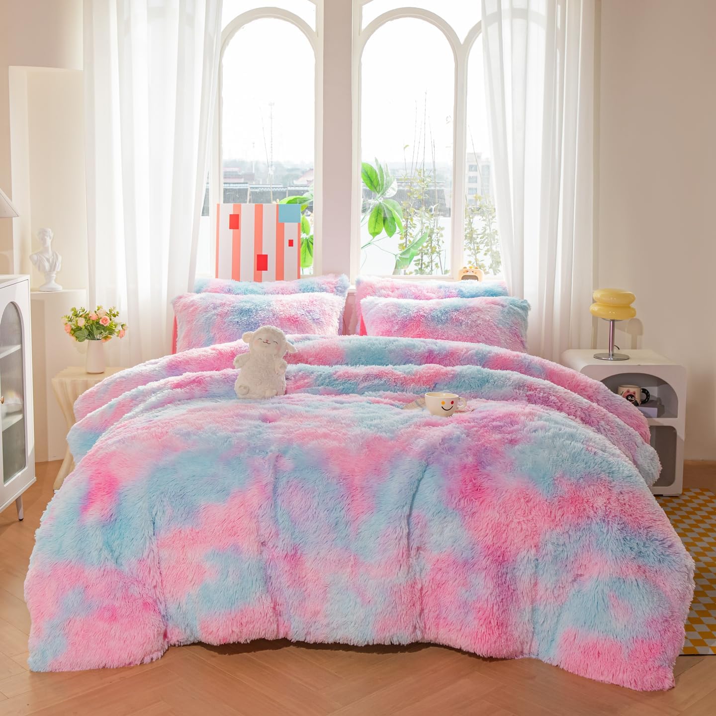 Kids Girls Faux Fur Purple Rainbow Comforter Sets Queen - 3PC Bed Set Skin Friendly Soft Warm Comfortable Classical Rabbit Plush Velvet Flannel Fluffy Fuzzy Bedding?Comforter x 1 Pillowcases x 2? Purple Rainbow Queen