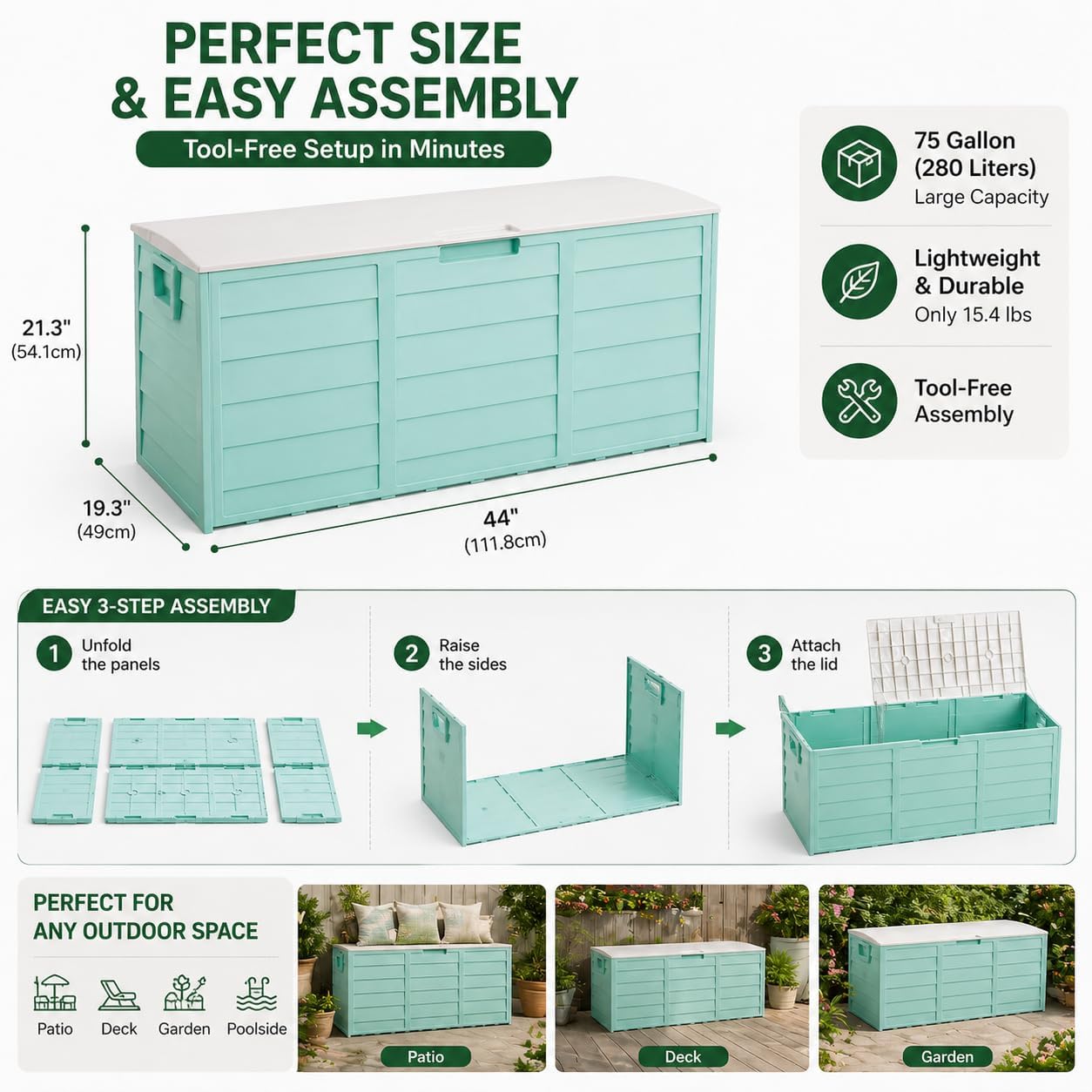 75 Gallon Outdoor Garden Storage Deck Box with Wheels, Green Plastic Patio Cushion and Tool Storage Chest, Lockable Lid, 44 x 21.3 x 19.3 Inches
