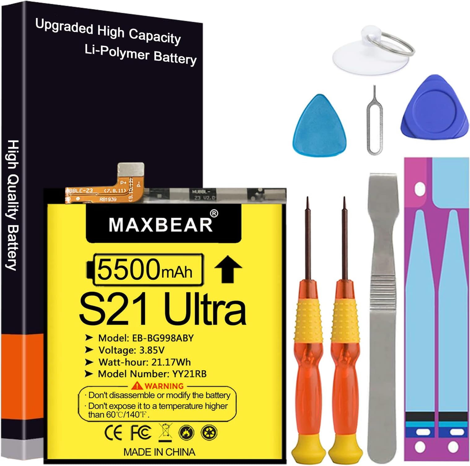 Galaxy S21 Ultra Battery, (Upgraded) MAXBEAR 5500mAh 3.85V Li-Polymer Replacement Battery EB-BG998ABY for Samsung Galaxy S21 Ultra 5G SM-G998B/DS SM-G998U with Repair Tool Kit