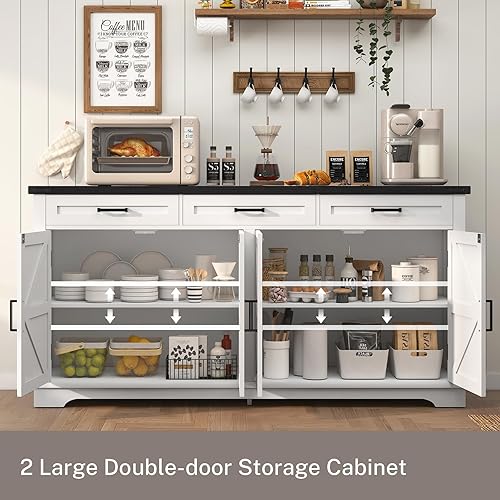 Miniatura 3 de usikey Aparador grande de 61 pulgadas con 4 puertas y 3 cajones, mesa de buffet de granja, armario de almacenamiento de comedor para cocina o sala