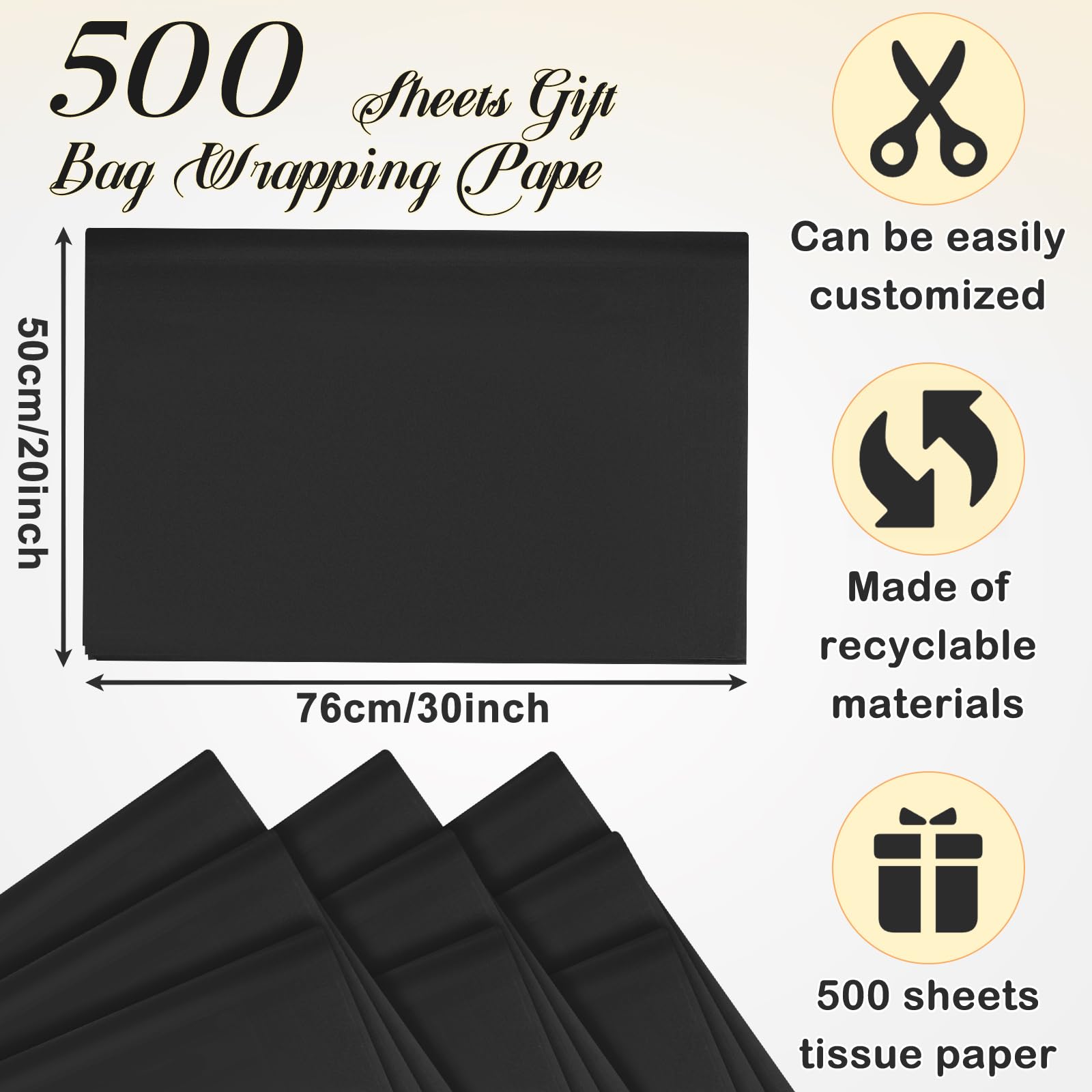 Qilery 500 fogli di carta velina nera per sacchetti regalo, 50 x 76 cm, senza acidi, per decorazioni di nozze, artigianato fai da te, imballaggi per traslochi, feste di nozze