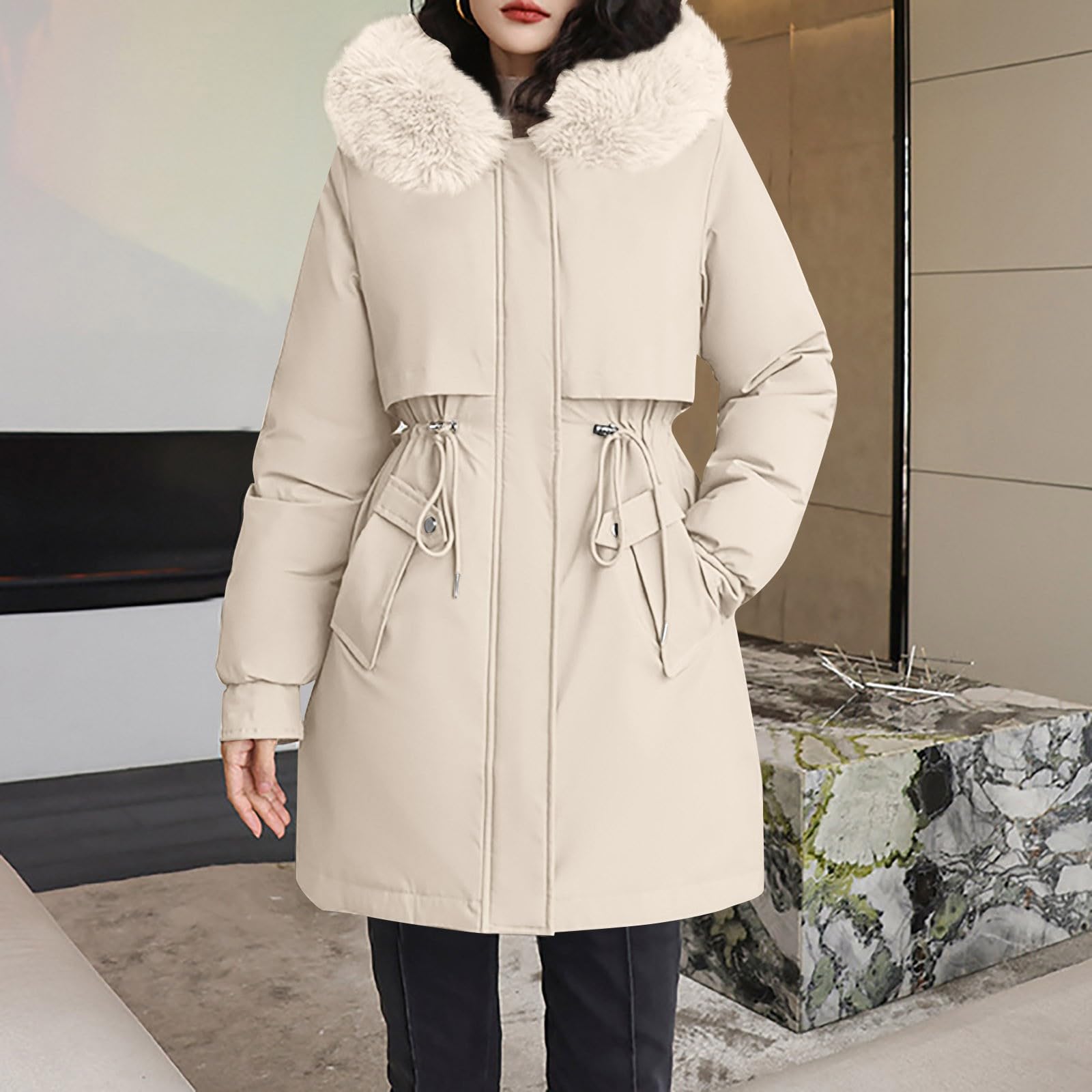 Saymany Winterjacke Damen Lang Warm Wintermantel mit Fellkapuze Winterparka Winddichte Parkajacke mit Kapuze Mode Outdoorjacke Slim fit Winterparka Mode Mantel Frauen Wintermantel Warme Winter Jacke