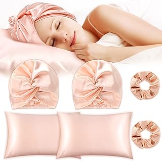 6 Pieces Silk Cap Silk Pillowcase Set, Silk Sleeping Bonnet Silk Hair Wrap Silk Pillow Cases Silk Hair Scrunchies Silk Hai...