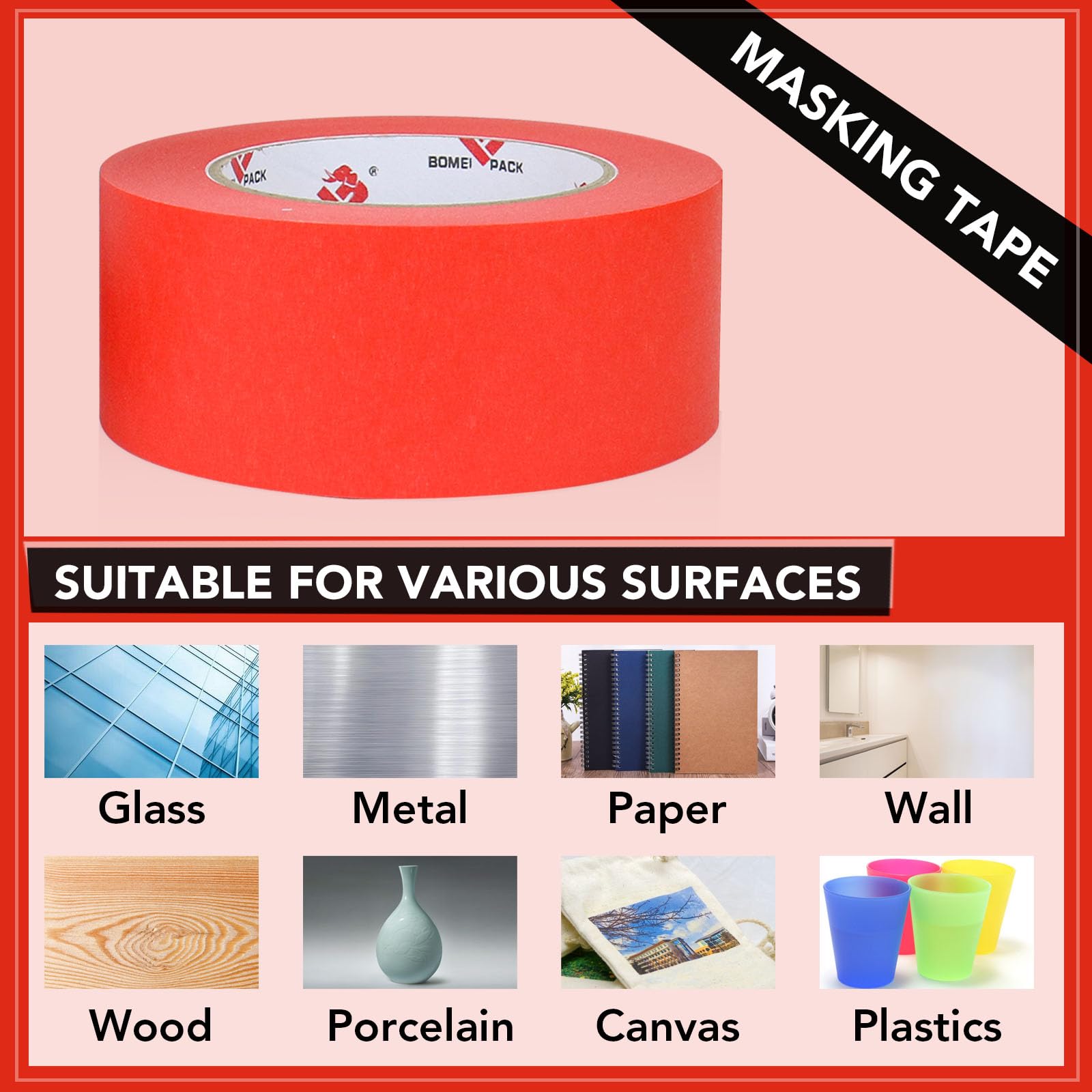 BOMEI PACK 5 rotoli di nastro adesivo per pittori, larghezza 5,1 cm x 50,1 m, nastro coprente per pittura, etichettatura, fai da te, decorazioni e progetti scolastici (rosso)