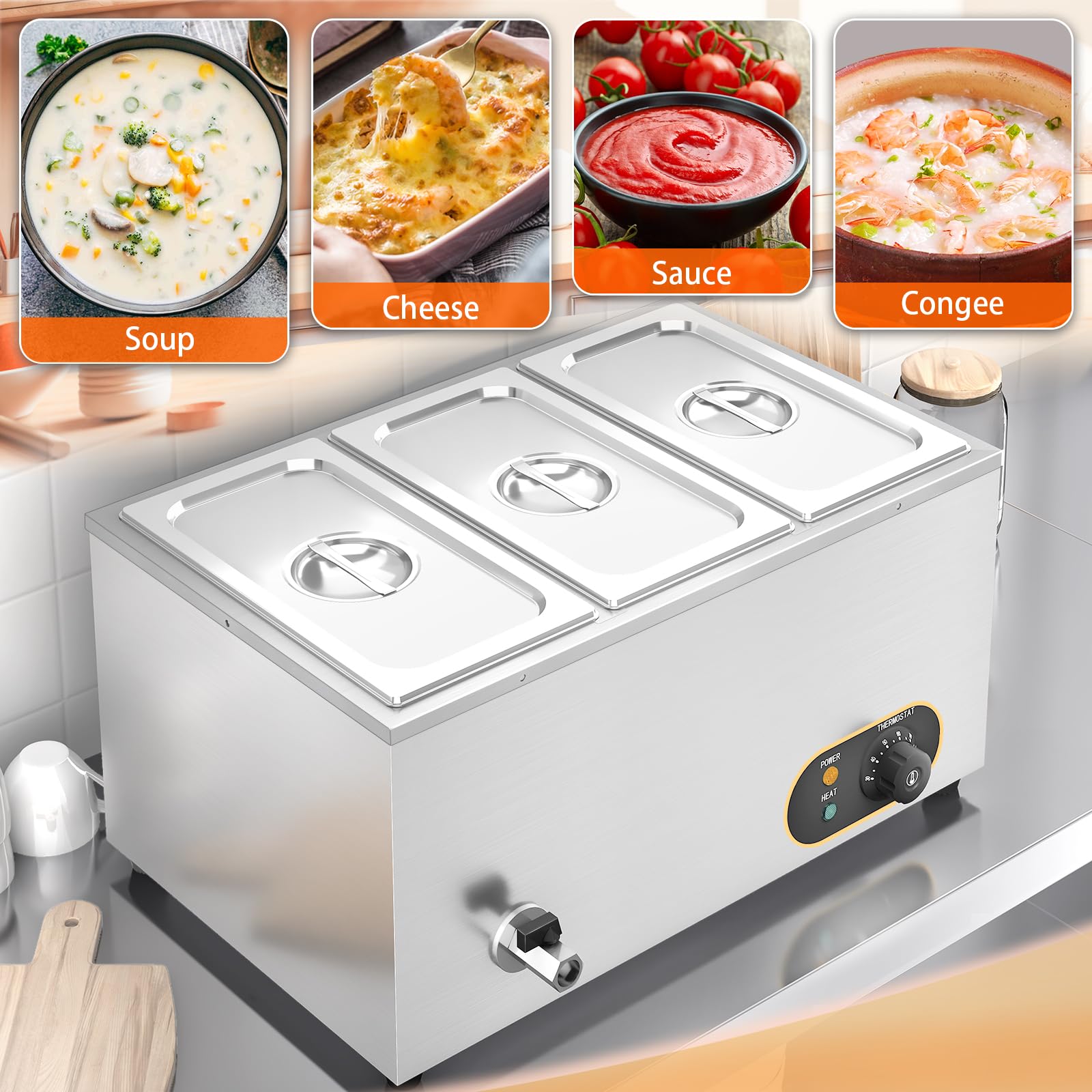 Bain Marie Électrique en Acier Inoxydable 1500W, 3X 1/3 GN Récipients avec Couvercle,Température réglable 30°C - 85 °C, Chauffe-Plats Buffet