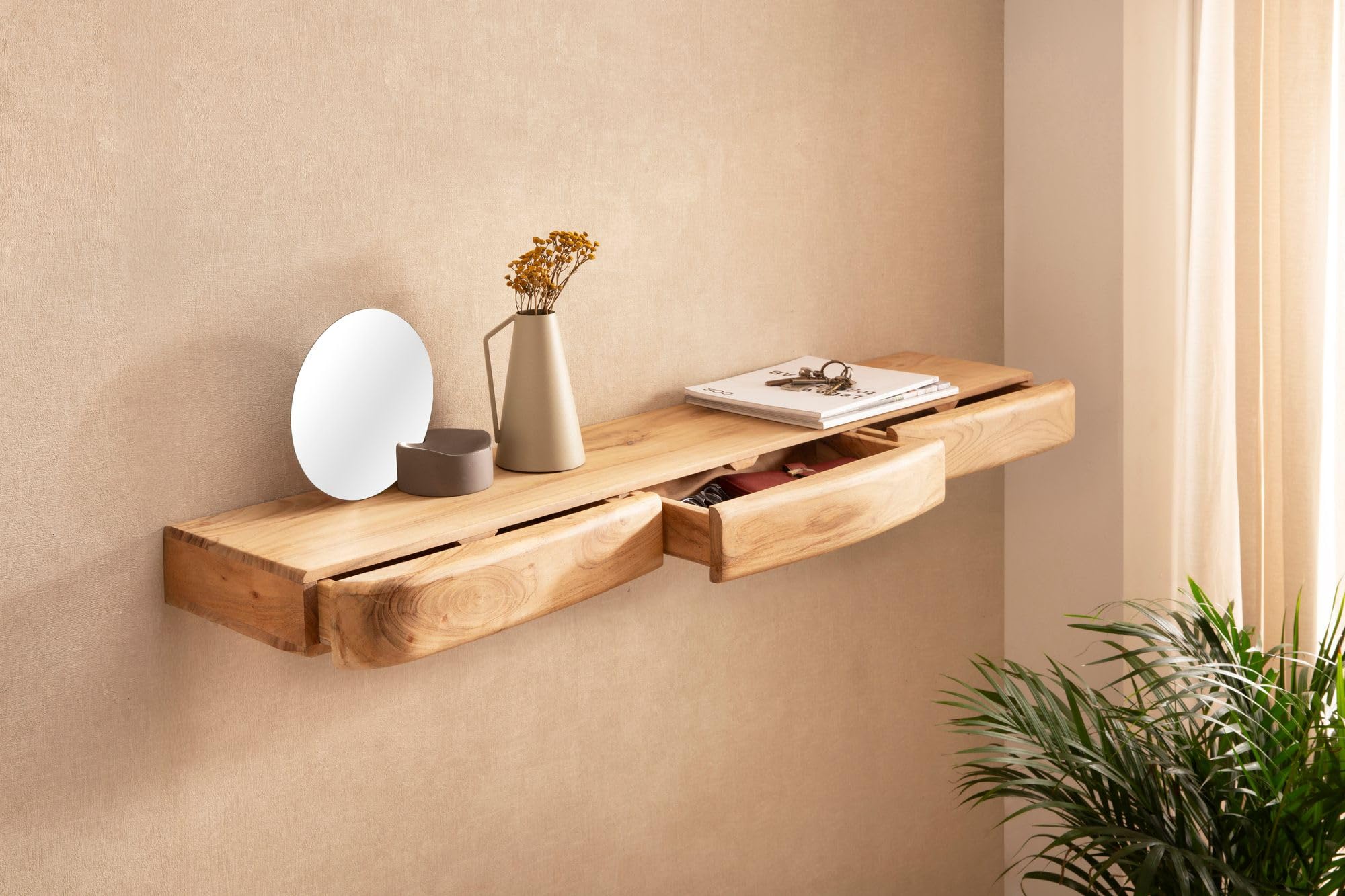 FineBuy Wandregal Akazie Massivholz 120cm mit DREI Schubladen - Design Regal für die Wand - Holz Wandboard mit Stauraum