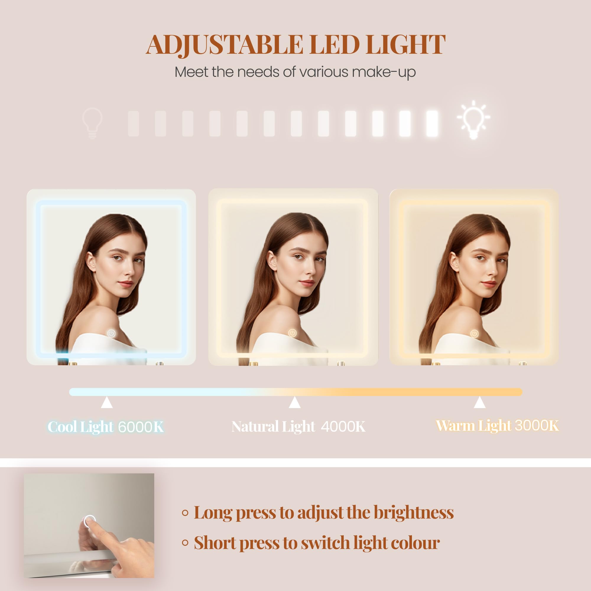 HEXCELEN 108 cm Tocador con Espejo y Luces LED con Brillo Ajustable Blanco | Mesa de Maquillaje con 5 Cajones, 2 Armarios y 9 Compartimentos Abiertos, Tocador de Maquillaje