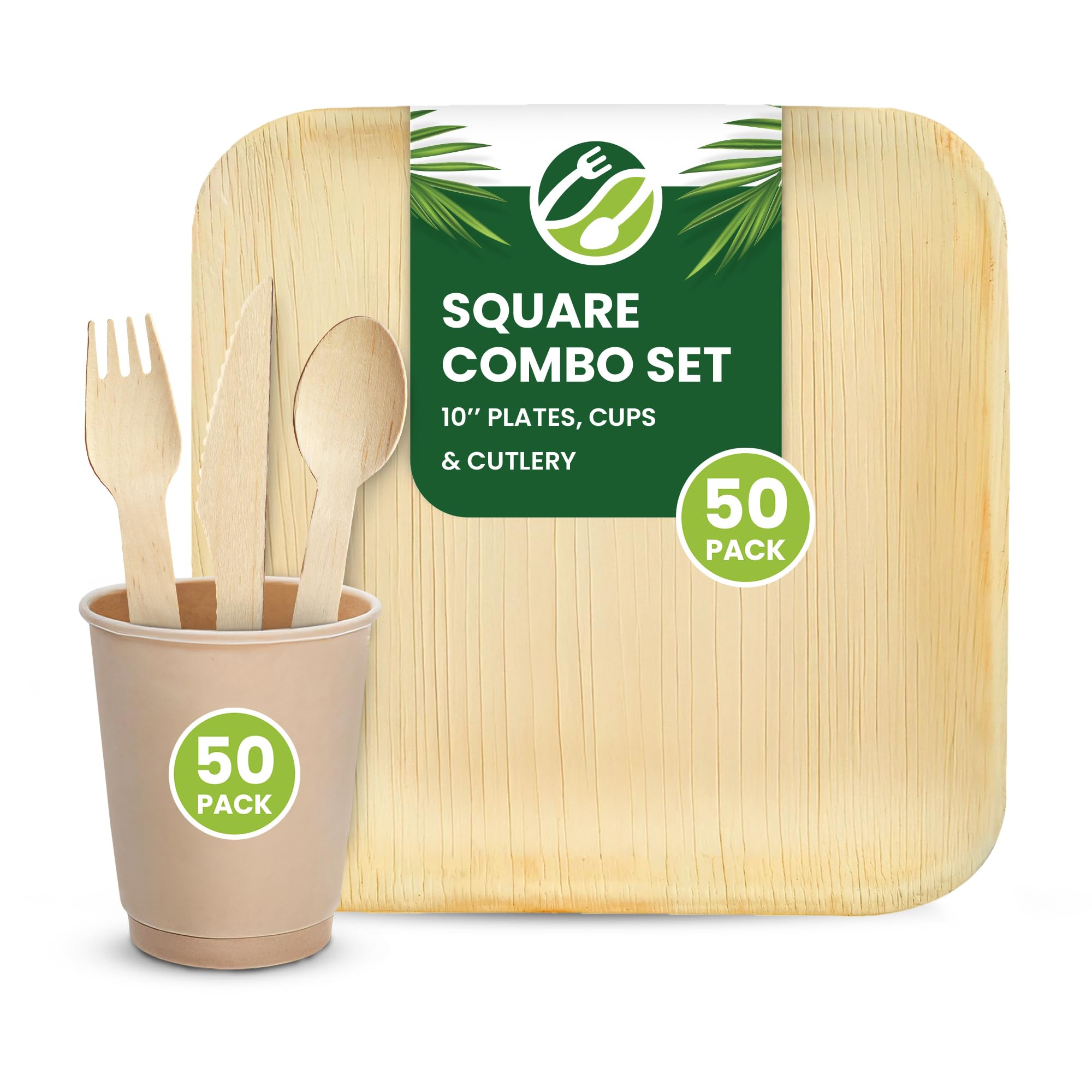 Eco Leaf 250pcs Disposable Palm Leaf Plates, Cups & Wooden Cutlery Set – 50 Square Plates, 50 Cups, 50 Forks, Knives & Spoons – Eco-Friendly, Biodegradable & Sustainable – Perfect for Parties
