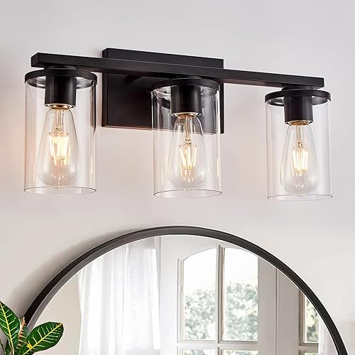 Miniatura 2 de Lámparas de baño de níquel cepillado, lámparas clásicas de tocador con 3 lámparas de pared de metal moderno con pantalla de vidrio transparente para