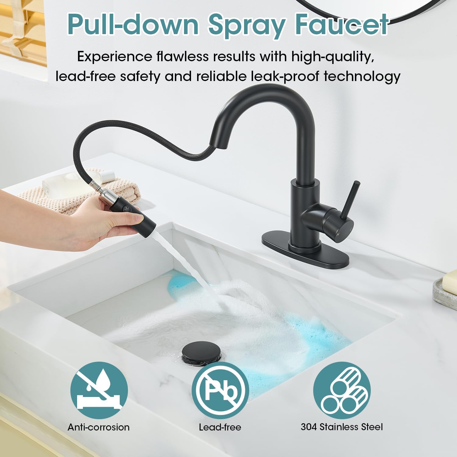 Black Bathroom Faucet with Pull Down Sprayer, Single Hole Bathroom Faucet with Pop-up Drain and Flexible Hoses, 1 Handle Sink Faucets for Vanity, Modern Farmhouse, Vanity, Restroom - Image 2