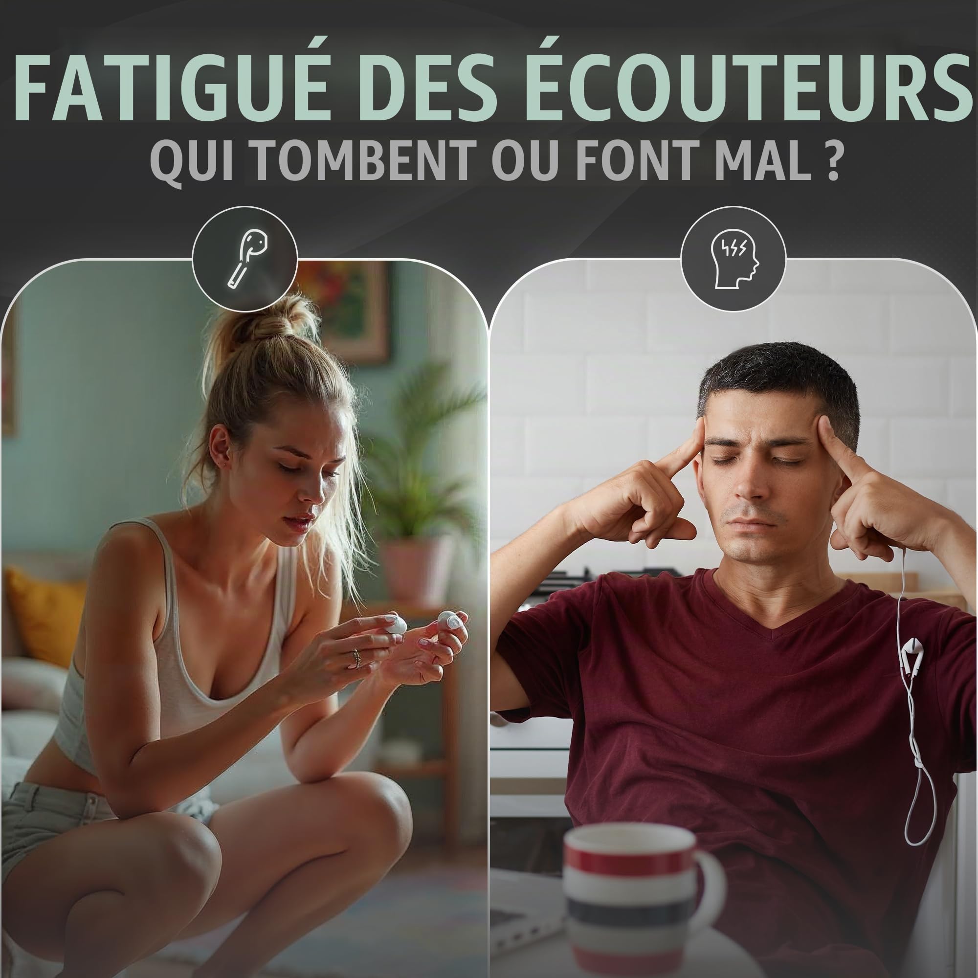 Oreillettes sans Fil Bluetooth 5.2, Universel, Tour d'oreille 360°, Micro Intégré, 60 Heures de Lecture, Batterie 70mAh Chargeur Type-C 300mAh, 8D steréo, Option d'écoute indépendante (Rouge)
