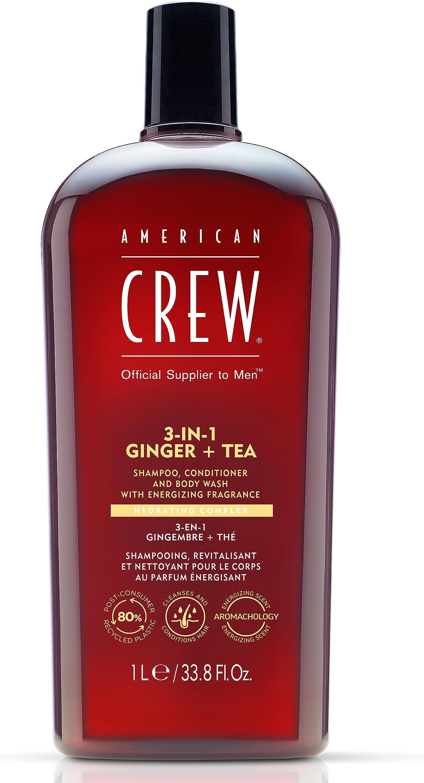 AMERICAN CREW 3-in-1 Ginger & Tea, Shampoo, Conditioner & Body Wash for Men, All-in-One Care with Revitalizing and Refreshing Fragrance, 33.8 fl oz