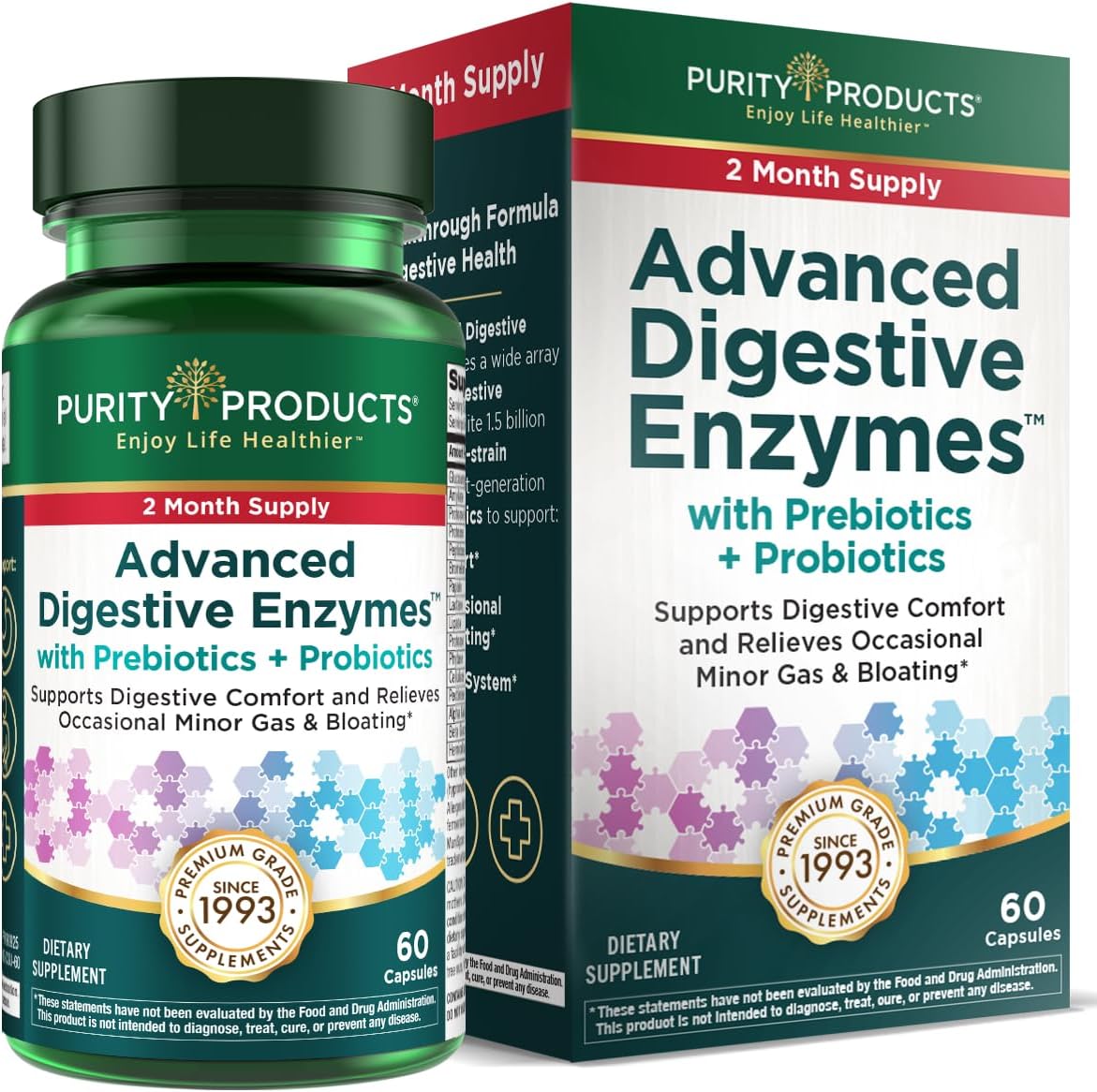 Purity Products Advanced Digestive Enzymes with Probiotics & Prebiotics – Digestive Health Supplement for Bloating, Gas Relief & Gut Support – Plant-Based Enzymes + 1.5B CFUs 60 Veggie Capsules