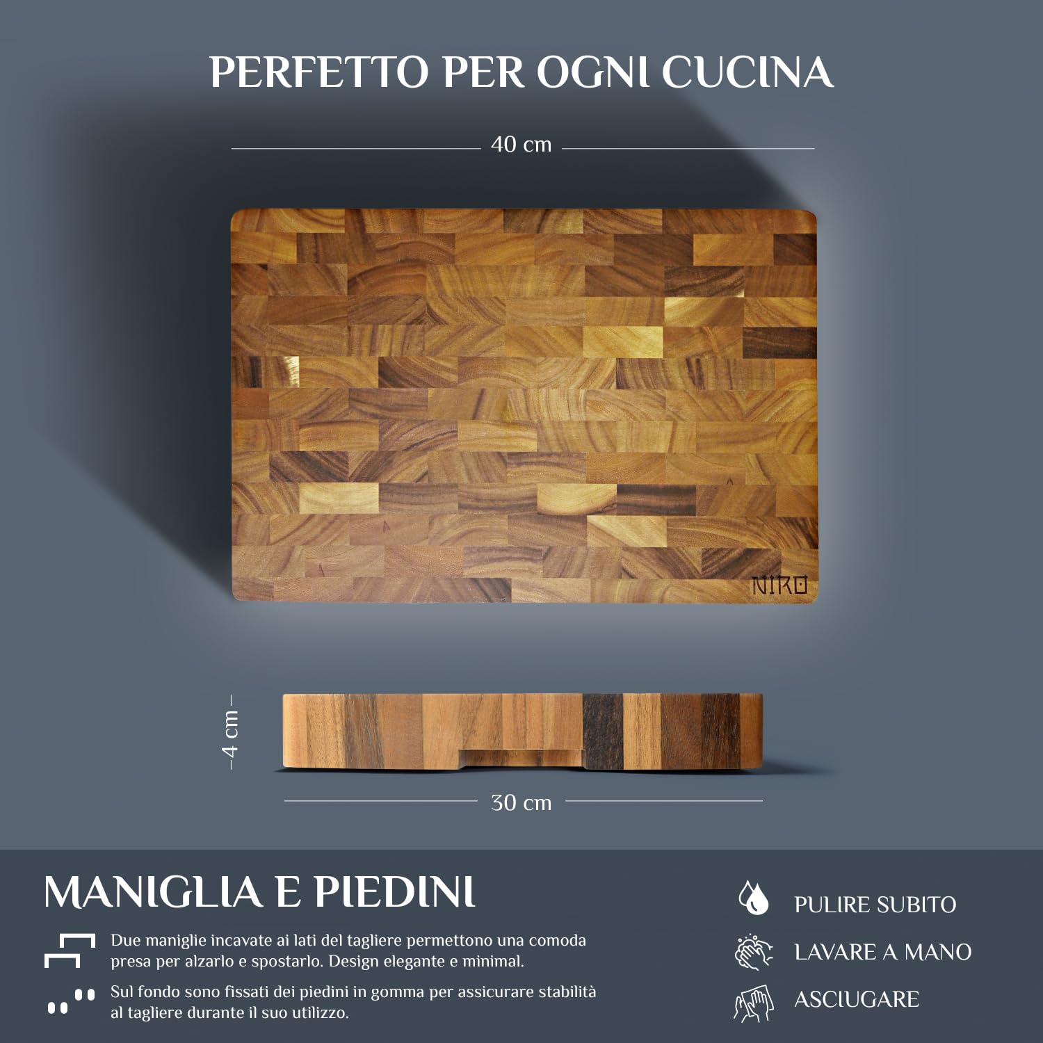 NIRO Tagliere da Cucina Professionale XL 100% Legno Naturale di Noce, SPESSORE 4 CM, Dimensioni 40 x 30 x 4 cm, Atossico, Legno Massello Pregiato, Utilizzabile come Vassoio da Portata, Design Unico