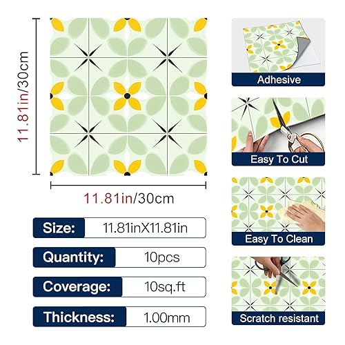 Miniatura 3 de IVN 10 azulejos de vinilo autoadhesivos extraíbles de 12 x 12 pulgadas, color verde y amarillo, para decoración de baño, cocina, lavandería, 10
