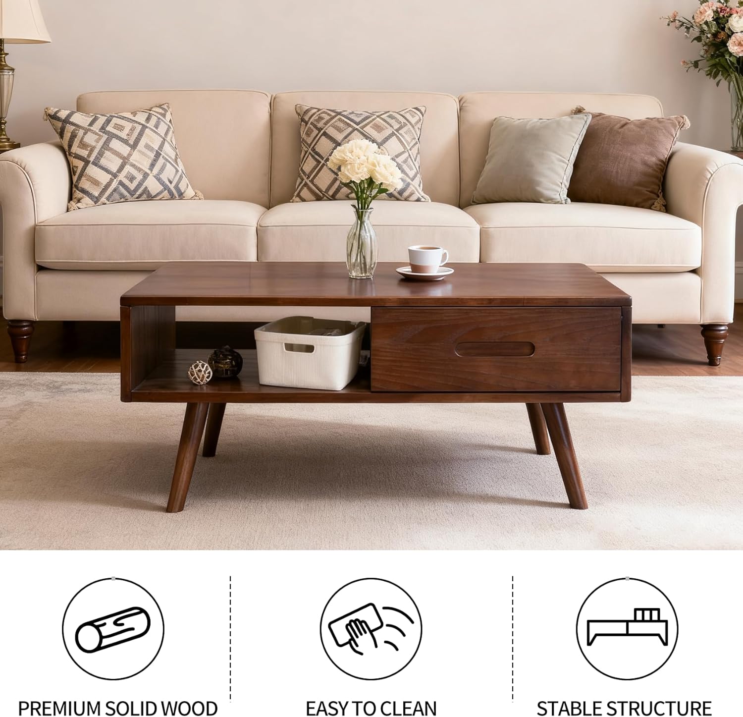 Solid Wood Coffee Table, Mid-Century Modern Coffee Tables with 2 Drawers & Open Shelf, Wooden Table for Living Room, Office, Fully Assembled Center Table (Walnut Finish, 39.37'' W) Walnut