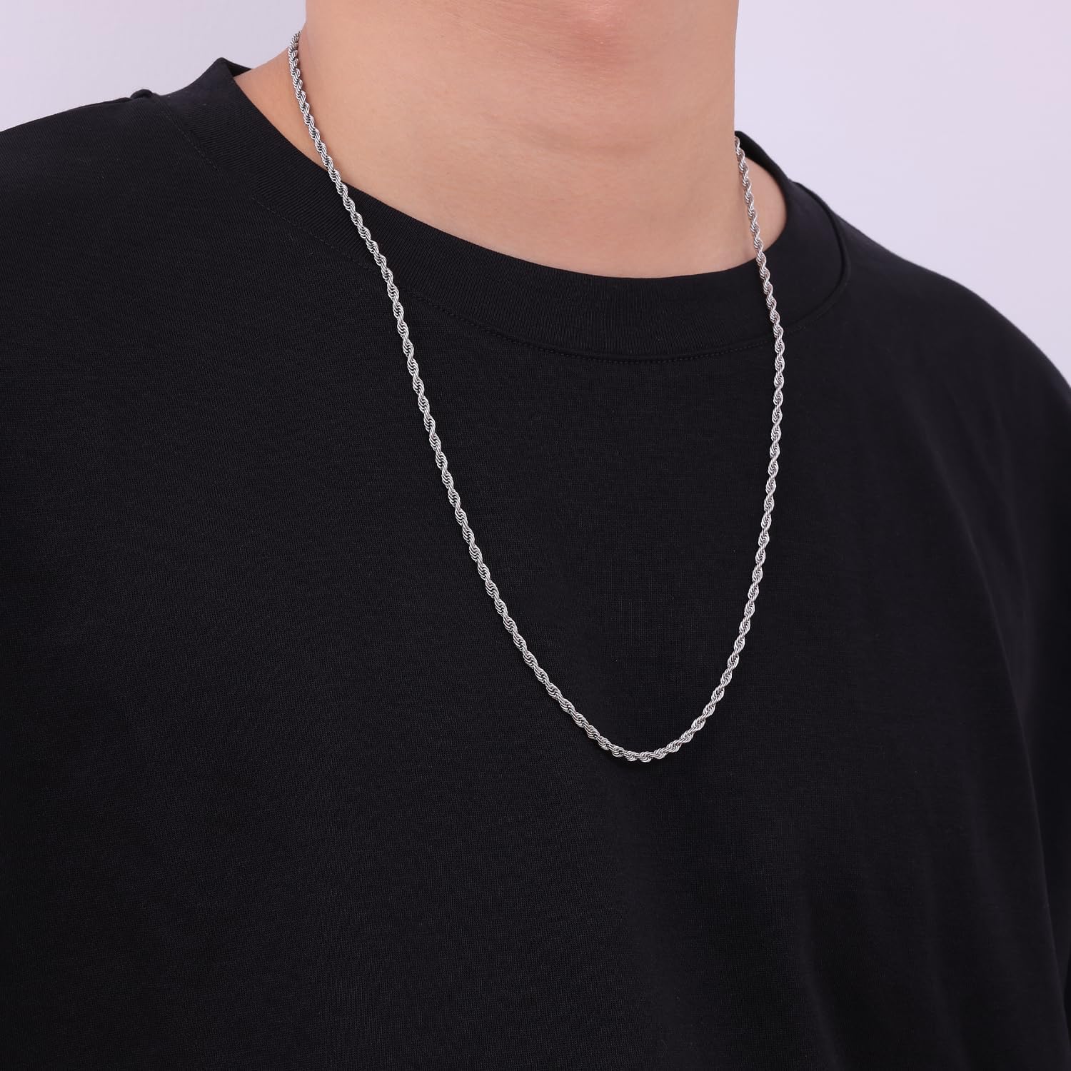 Fiusem 3mm Rope Chain Necklace for Men, Silver Tone Mens Chain Necklace, Stainless Steel Necklace Chain for Men Women, Jewelry Gift - Image 3