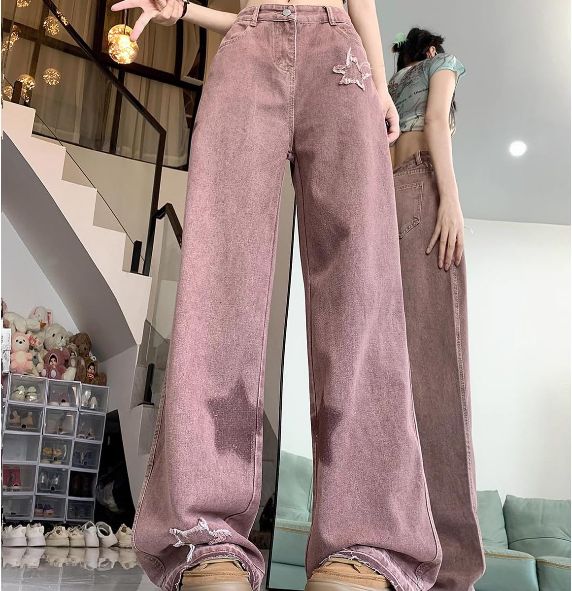 Y2K Casual High Waisted Straight Leg Jeans Womens Fashion Vintage Star Printed Fringe Baggy Denim Pants