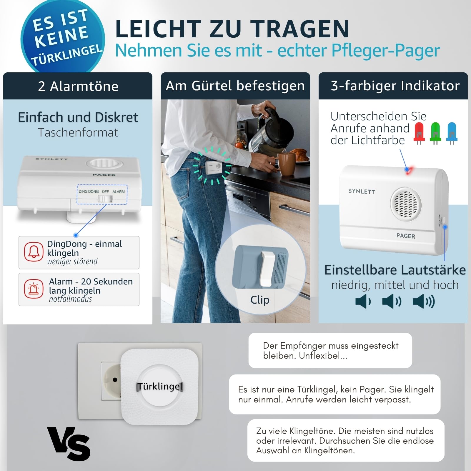 Pflege Pager mit 2 Rufknöpfen Kabelloses Rufsystem für Senioren Altenpflege und betreutes Wohnen Notrufhilfe auf Knopfdruck