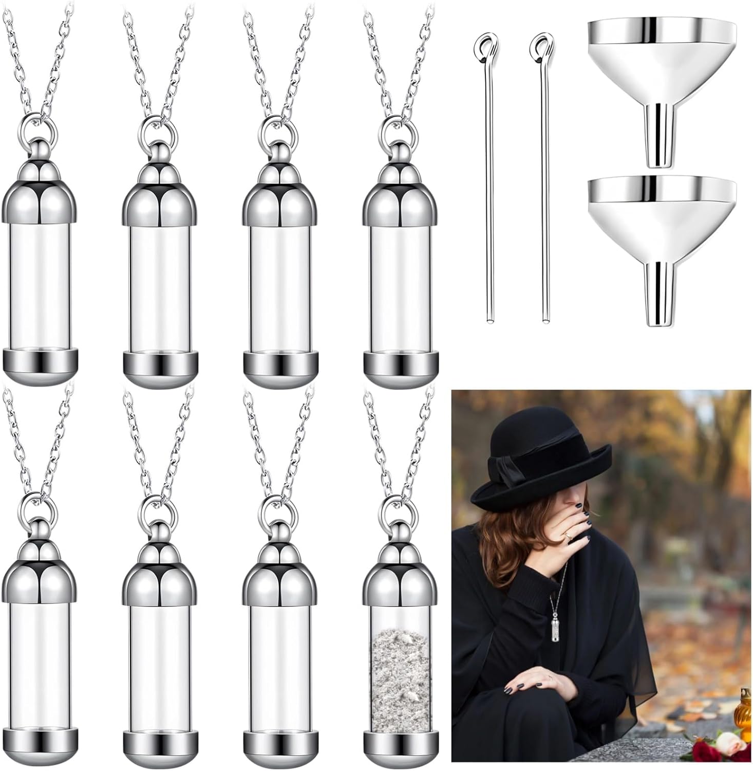 8 Pcs Urn Necklace for Ashes - Cremation Jewelry for Ashes Stainless Steel Glass Container Cylindrical Pendants Vial Necklaces Keepsake Jewelry for Humans, Pets