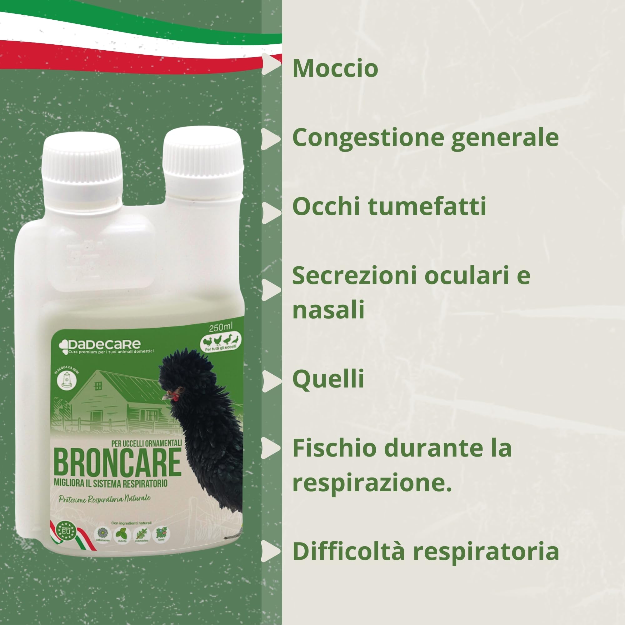 Broncare Respiratorio 250 ml con ADEC - Polli, Uccelli da Cortile ed Esotici - Oli Essenziali, Supporto Immunitario e Respiratorio - Equiseto, Menta, Timo e Rosmarino