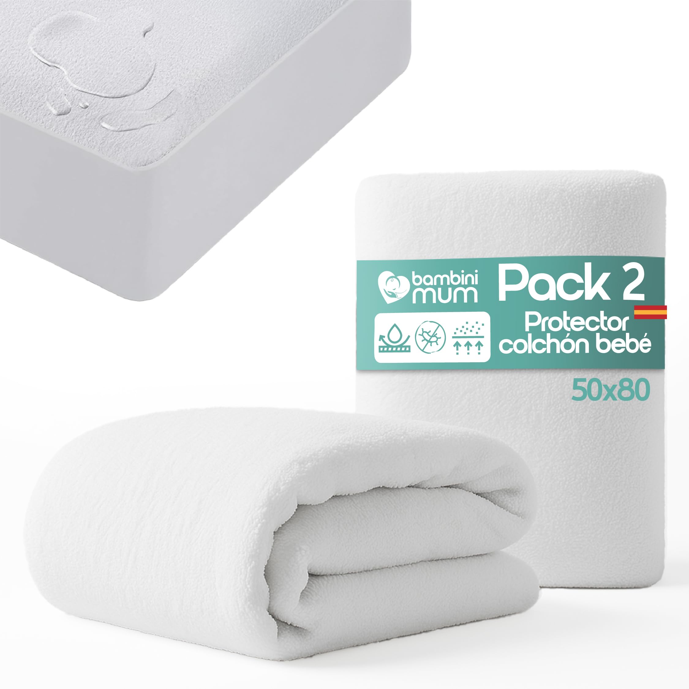 Packung mit 2 Stück, 50 x 80 cm, Matratzenschoner für Babys, milbendicht, wasserdicht, atmungsaktiv, 100 % Baumwolle, saugfähig und leise, OekoTex®