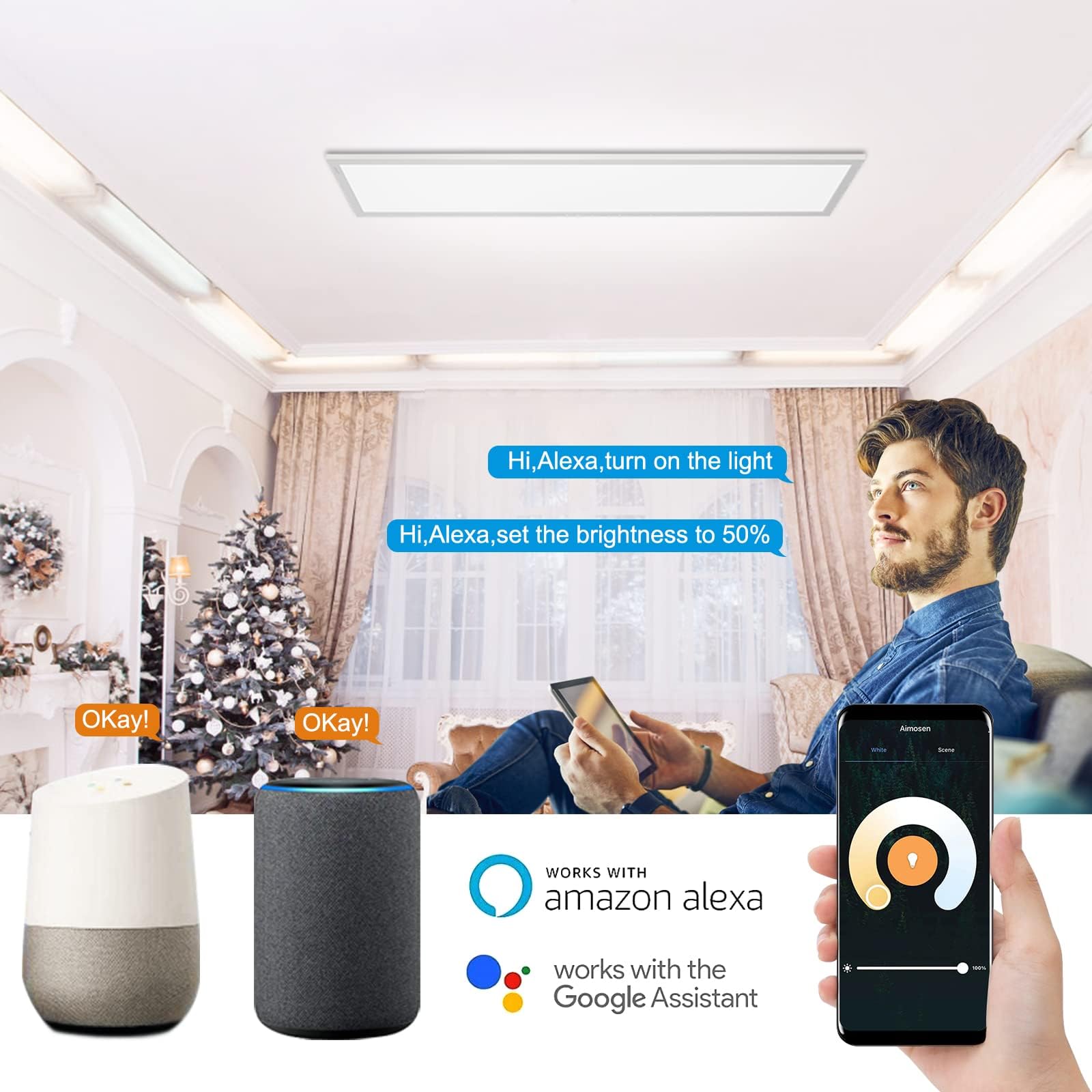 Dimmbare LED Deckenleuchte 120x30 cm mit WIFI TUYA, 40W Superhelle Flach Panellampe mit APP & Fernbedienung, 2700K - 6500K Intelligente Beleuchtung für Büro, Wohnzimmer, Küche, Garage, Babyzimmer