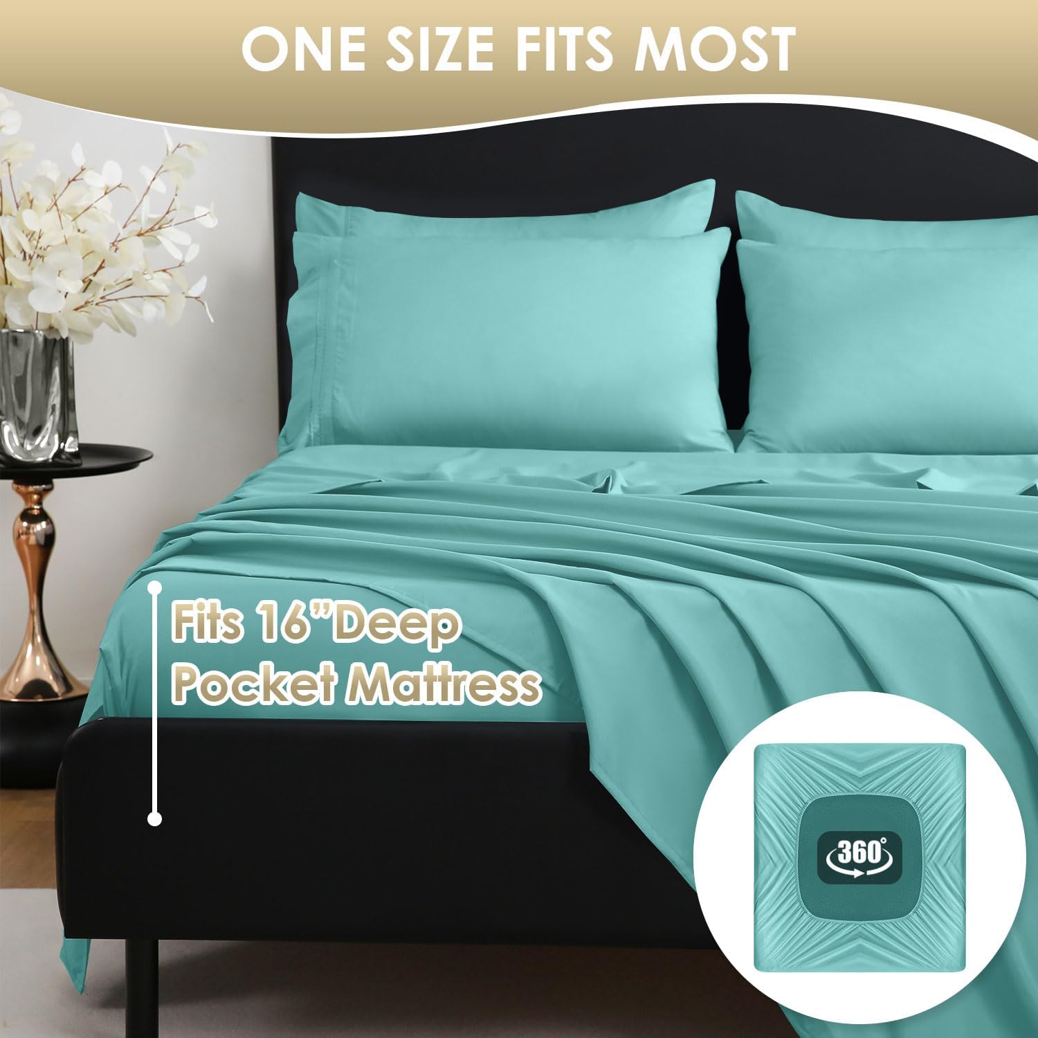 CozySmile King Sheet Set,Luxury Silky Soft 6 Piece Bed Sheet Set Fits 16 inch Deep Pocket Mattresses, Wrinkle Free & Breathable Cooling Machine Washable Hotel Bedding Sheets King Size (Turquoise)