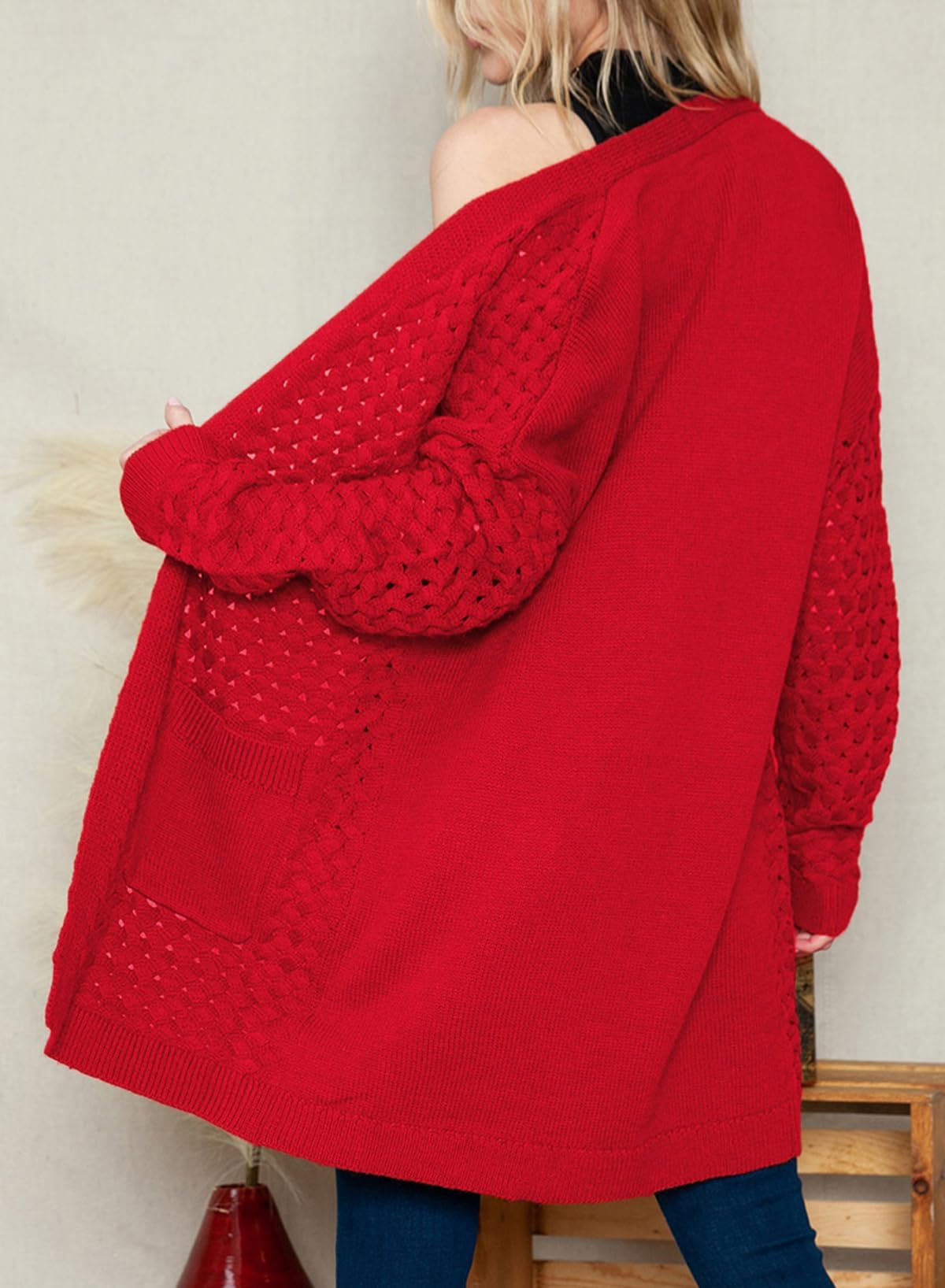 Chaqueta larga de punto para mujer, chaqueta de punto frontal abierta, abrigo con bolsillos, ropa exterior holgada informal para uso diario, rojo, S