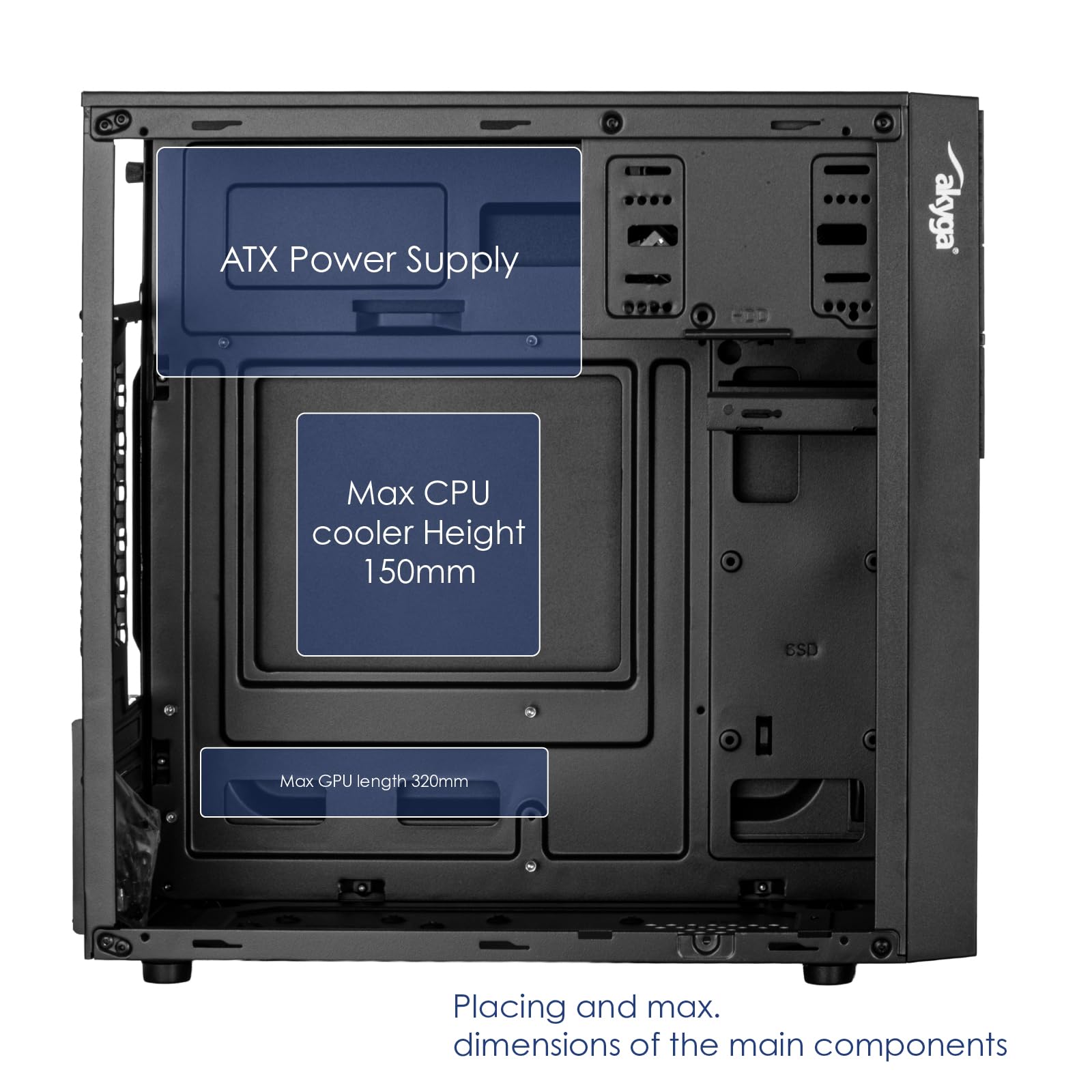 Akyga AK19BK Micro Tower - Case per PC compatto con USB-C, USB 3.0 e audio HD, supporta Micro ATX, Mini ITX, Flex ATX, per uso in ufficio e a casa, senza alimentatore, nero