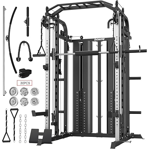 DONOW Smith Machine with Weight Stacks, Multi Function Home Gym System Training Power Cage Squat Rack Dual Cable Crossover Machine All in One
