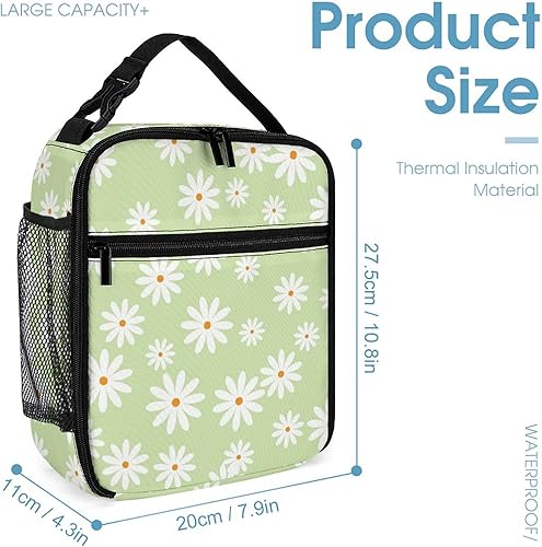 Miniatura 2 de LynaRei Lonchera portátil con aislamiento para mujer, diseño de margaritas verdes, bonita bolsa de almuerzo para niña, escuela, reutilizable,