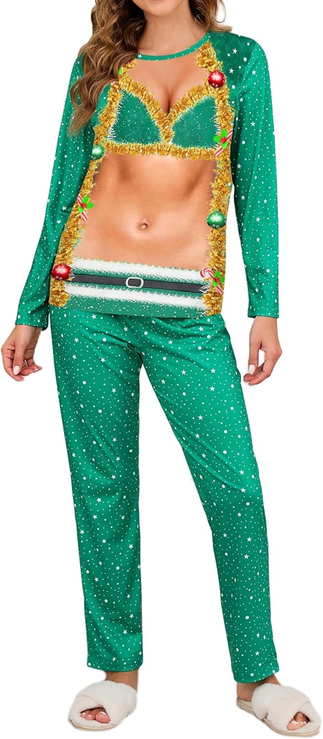 Couple Ugly Christmas Pajamas Set Long Sleeve Pjs for Women Men Sleepwear Jammies Party