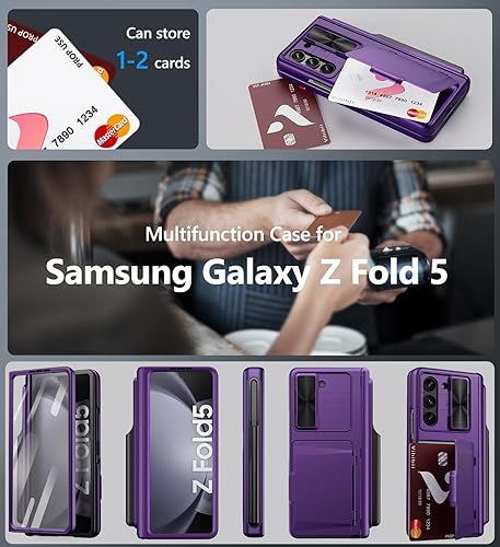 Miniatura 8 de Vihibii Funda para Samsung Z Fold 5 con tarjetero y soporte para bolígrafo S, cubierta para cámara deslizante, protección de bisagra y protector de