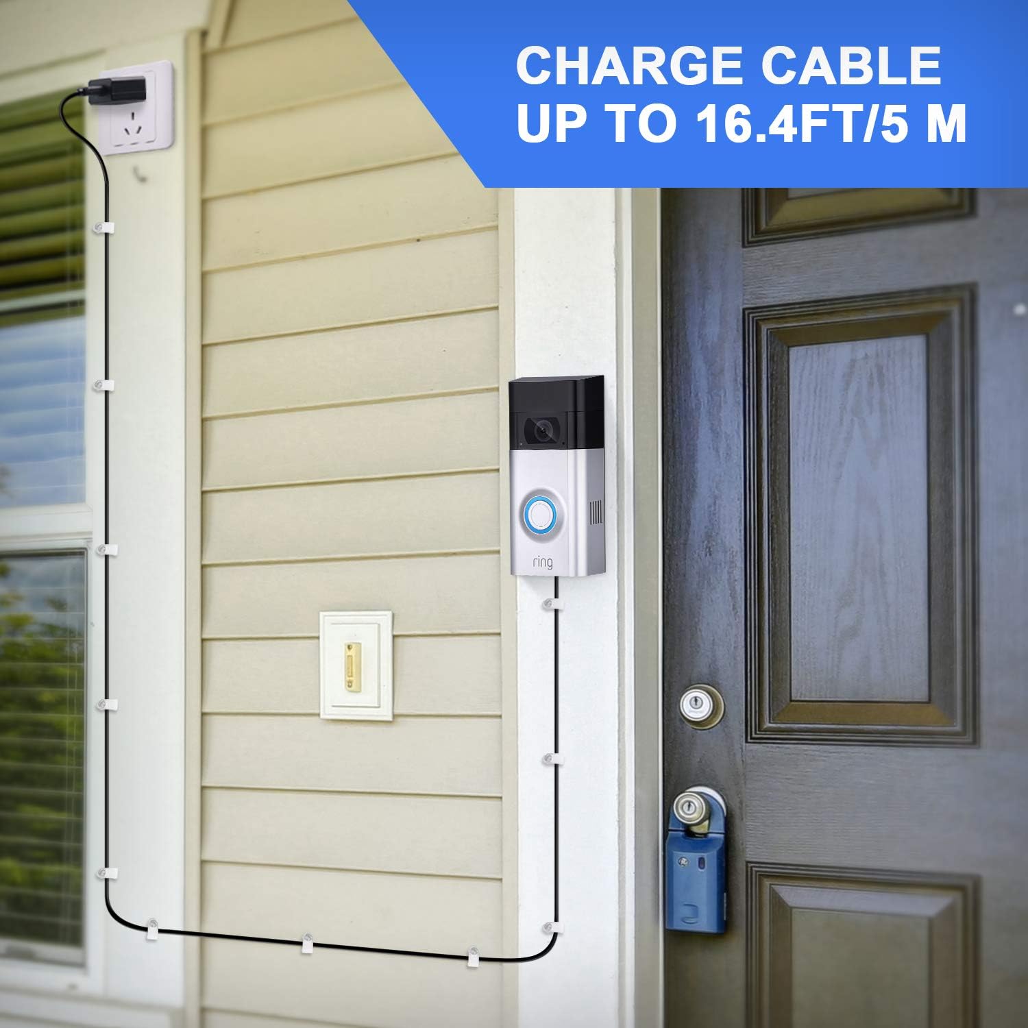 SATINIOR 16 ft/ 5 m Charge Cable with DC Power Adapter Compatible with Ring Video Doorbell 1/ 2, Continuously Charging, No Need to Change the Batteries (Ring Doorbell 2)