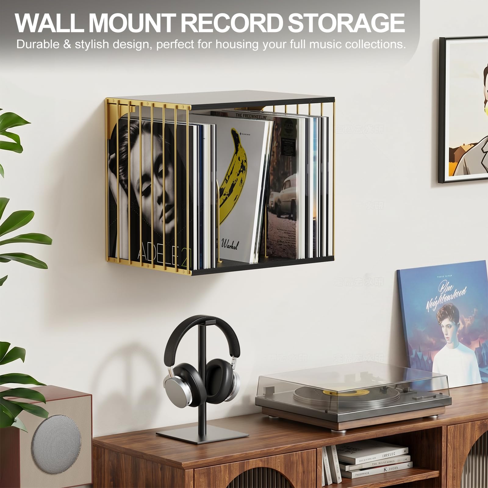 kroucoco Supporto per dischi in vinile da parete, a 3 scomparti, in metallo e legno, per album, file, CD, riviste, può contenere fino a 80 dischi (oro e nero)