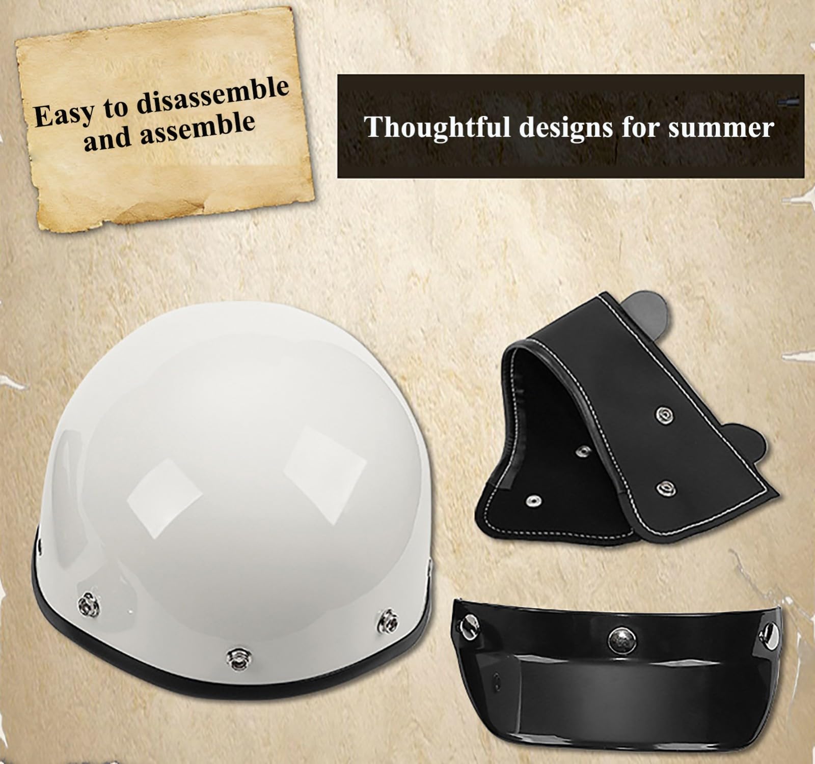 Kask motocyklowy retro (pół kasku) dla dorosłych (mężczyźni i kobiety), odpowiedni do motorowerów, cruiserów i skuterów wodnych. Zatwierdzony DOT/ECE, lekki i z systemem wentylacji.