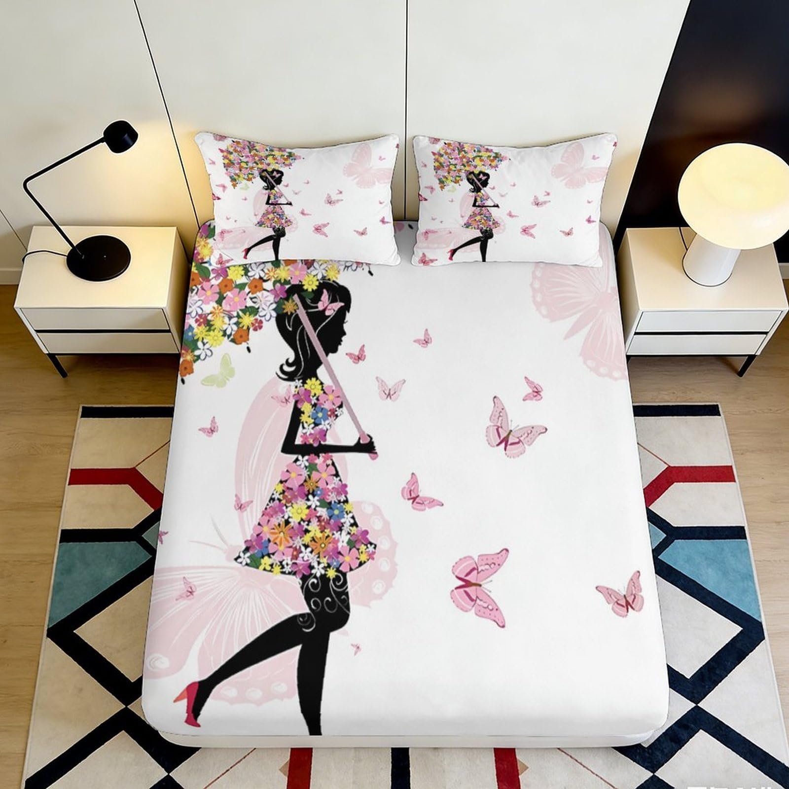 3D Printed Flower Girl Fitted Sheet Microfiber Soft Breathable Butterfly Mattress Cover for Bedroom Dorm Decor 200x200x25cm