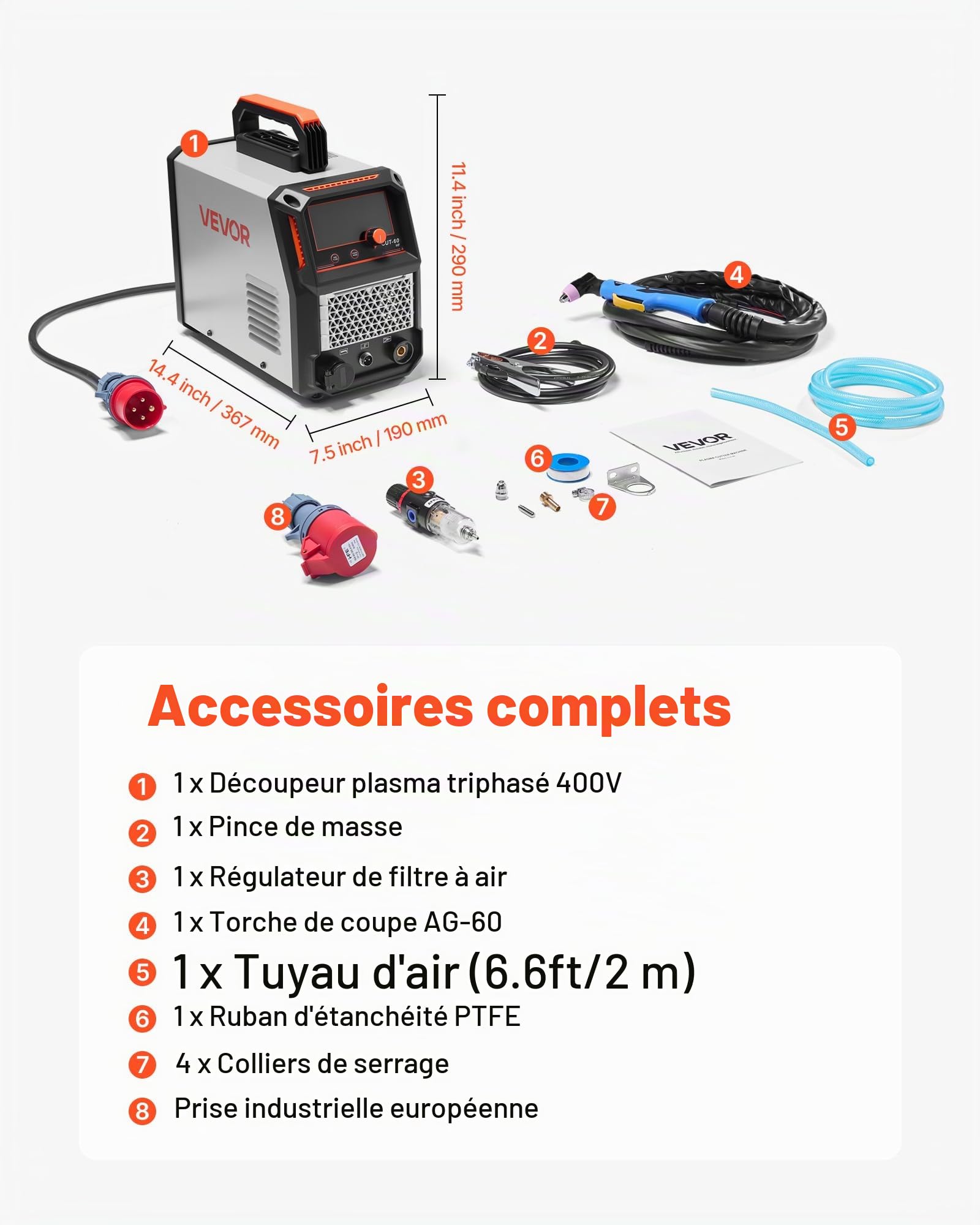 VEVOR Découpeur Plasma, 60 A, Machine de Découpe Plasma Triphasée 400 V, avec Fonction 2T/4T, Onduleur IGBT, Affichage Numérique, Commande Intelligente, Temps PT/PA Réglables, pour Usage Industriel