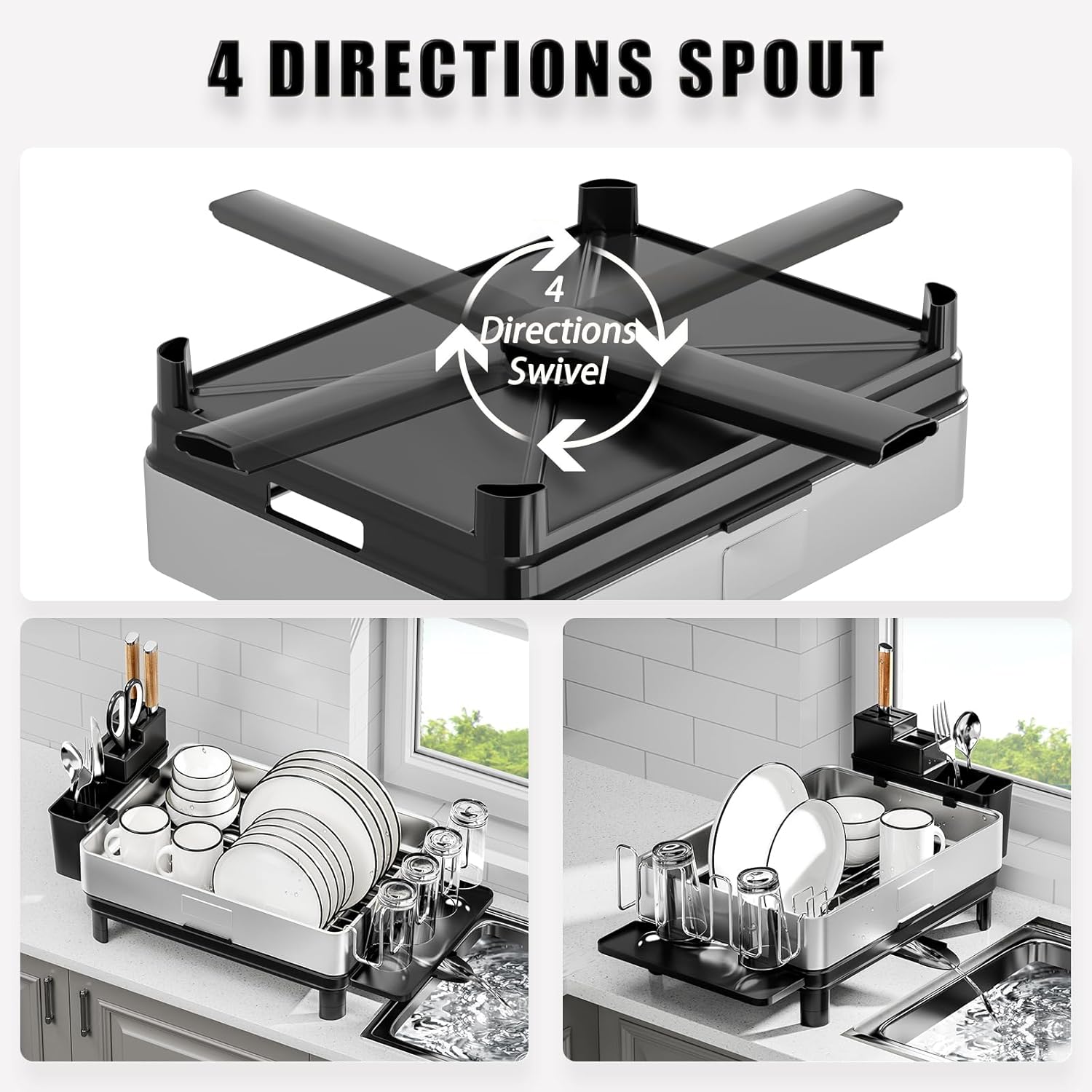 Ewaiira Dish Drying Rack, 304 Stainless Steel Dish Racks for Kitchen Counter, Dish Drainers with Automatic Drainage, Utensil Holder & Cups Holder, Space Saving Kitchen Organizer, Black 16.5''x12.6''