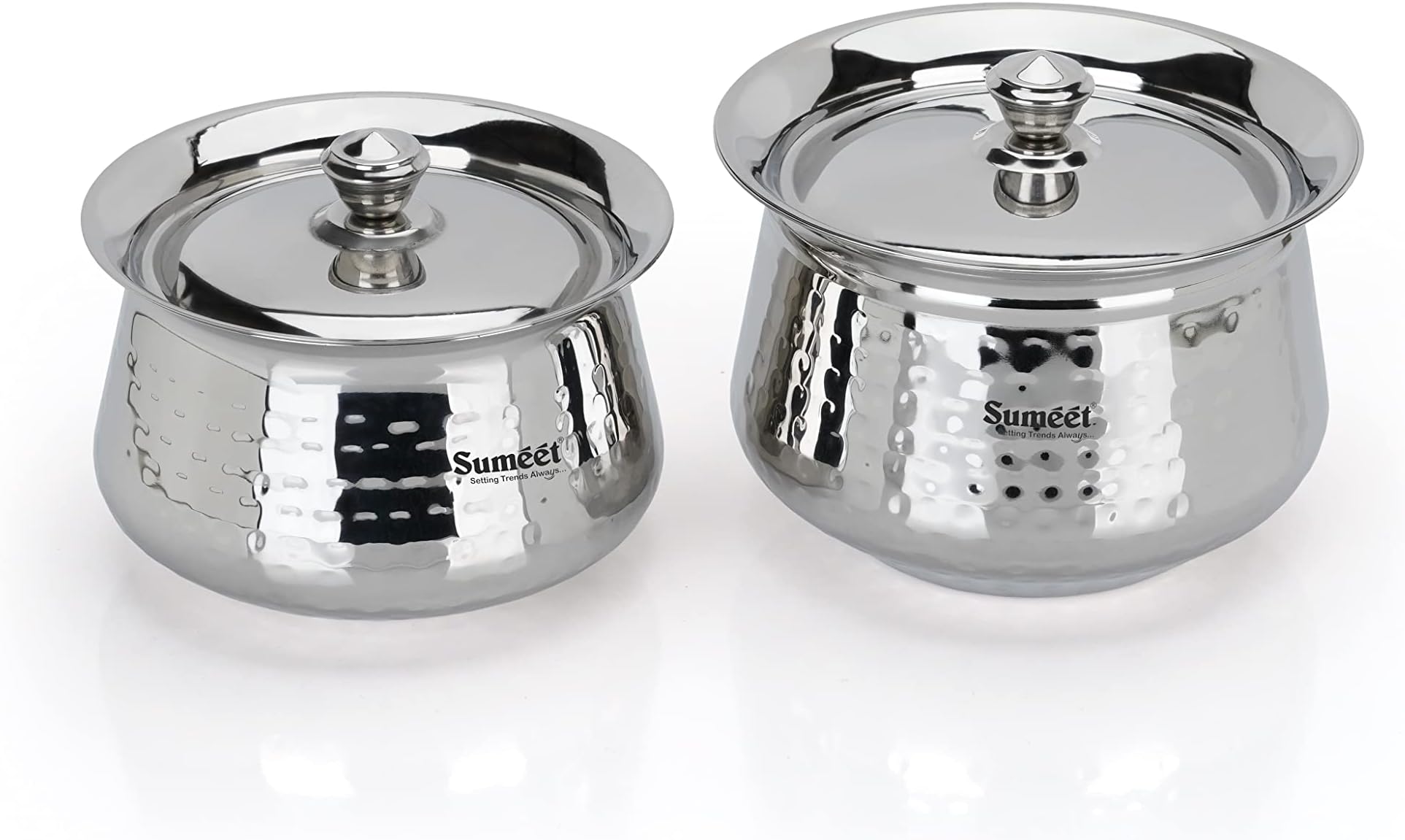 Sumeet Stainless Steel Handcrafted Hammered Texture Handi Set with Lid for Kitchen, Set of 2, 1300ml & 1700ml, Silver