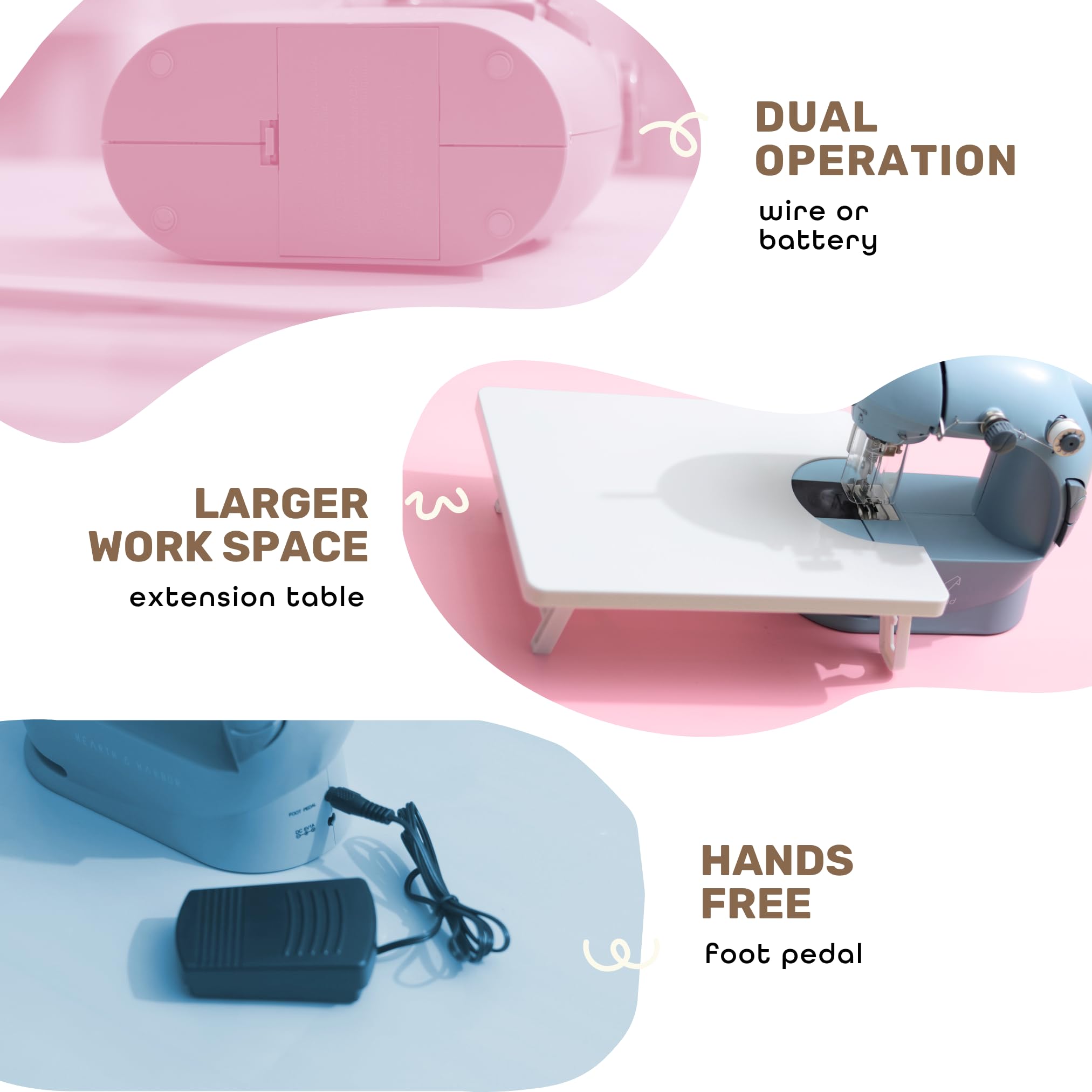CraftBud Mini máquina de coser para principiantes, adultos y niños | Kit de costura de 48 piezas, portátil, doble velocidad, mesa de extensión, pedal de pie, luz integrada, guía y más, rosa