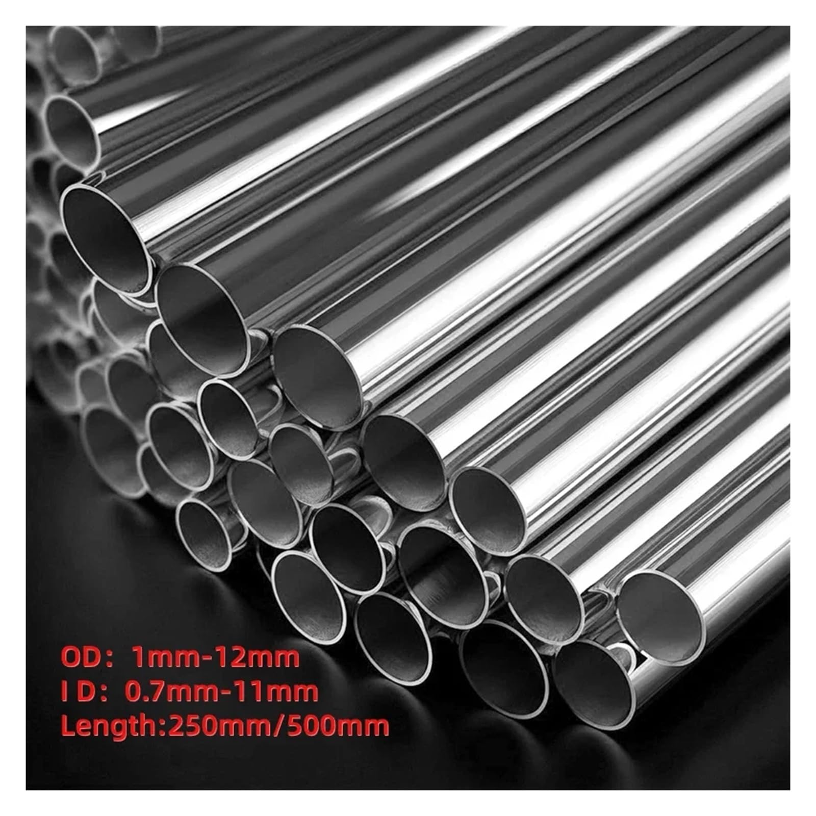 Runde Kapillare aus Edelstahl 304, 250 mm, 500 mm lang, nahtloses gerades Rohr, 3 x 2 mm, 6 x 4 mm, 8 x 6 mm, 10 x 8 mm, 10 x 9 mm, 12 x 11 mm
