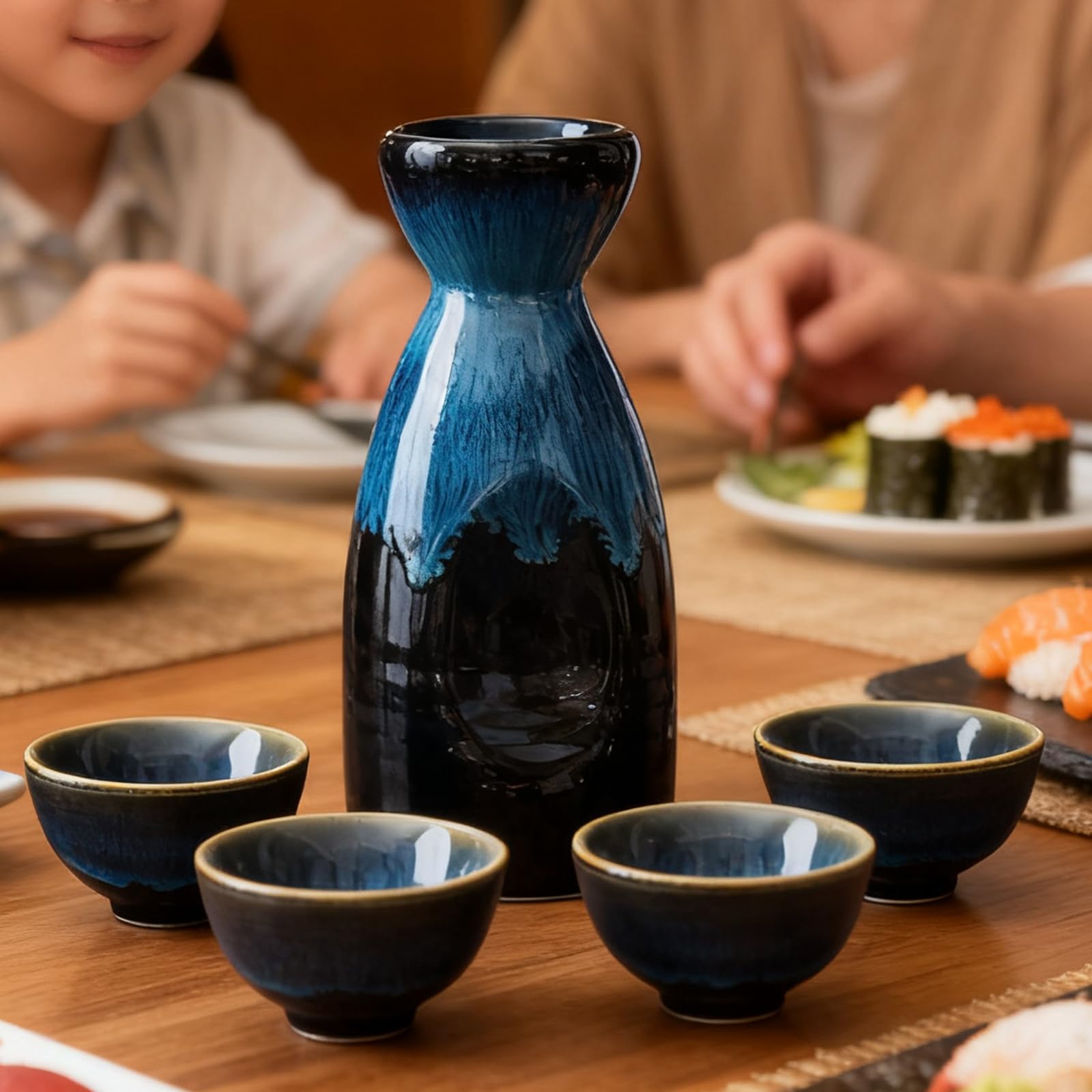 Set di 5 sake da 310 ml, in ceramica giapponese, vetro borosilicato di alta qualità con tazza e vaso di vino, elegante porcellana blu
