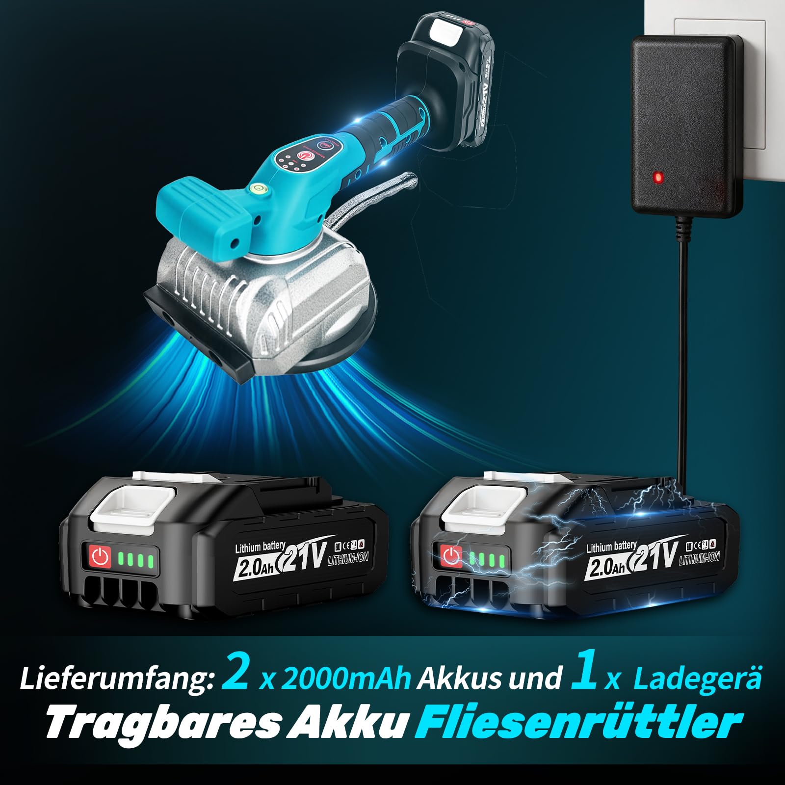 YEARTOP 2-in-1 Fliesenrüttler Akku 125mm Saugnapf Kompatibel mit Makita 18V | Fliesen Vibrationsgerät für Fliesen/Marmor/Holz/ Gipsplatte, Max 12000 RPM 5 Gänge, 110LBS Saugheber mit 2x 2.0Ah Akkus