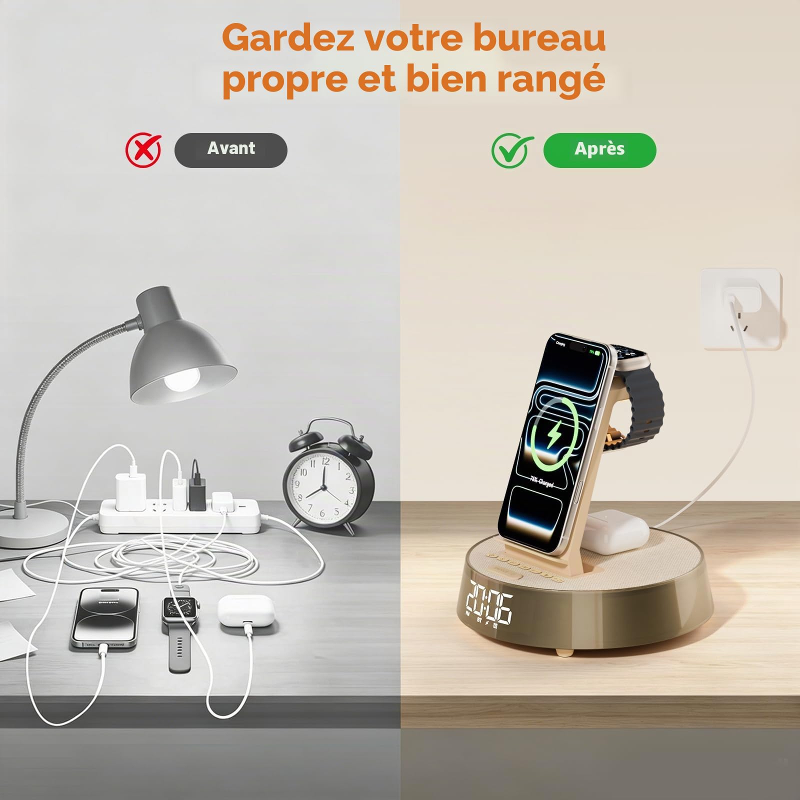 Chargeur Induction pour i Phone avec Radio Reveil Digital, Réveil Matin