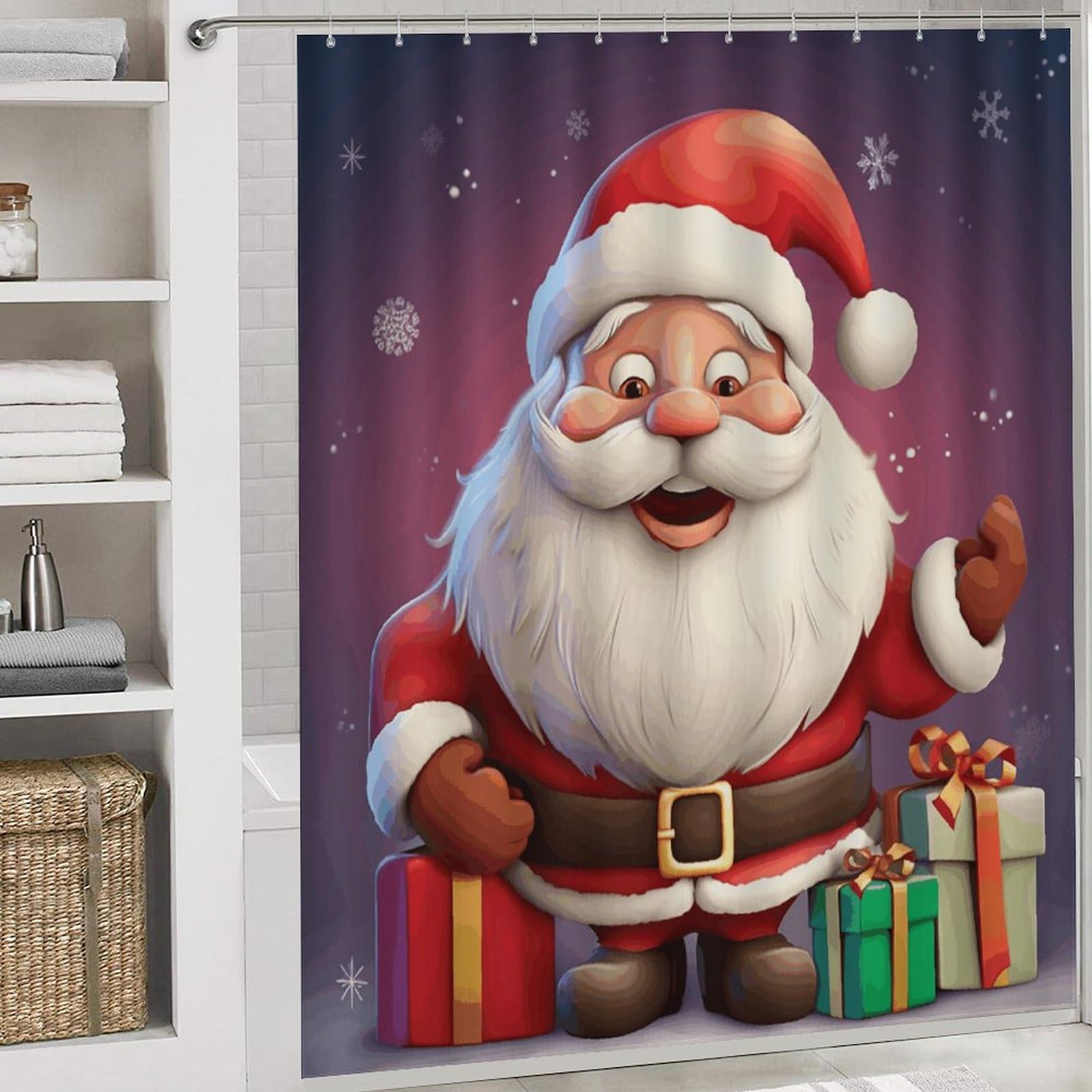 Weihnachts Duschvorhang-Set Mit Teppichen – Santa, Rentier Design, Wasserdicht, Inkl. WC-Bezug & Badematte